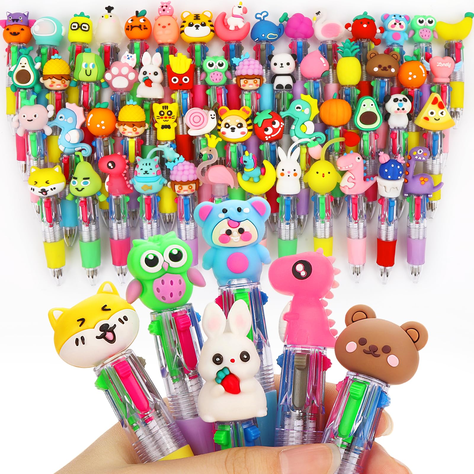 arscniek 60Pcs Multicolor Pen in One, 4-in-1 0.5mm Fine Point Cute Pens, Fun Kawaii Ballpoint Pen for Children's Party Favors, Classroom Prizes,