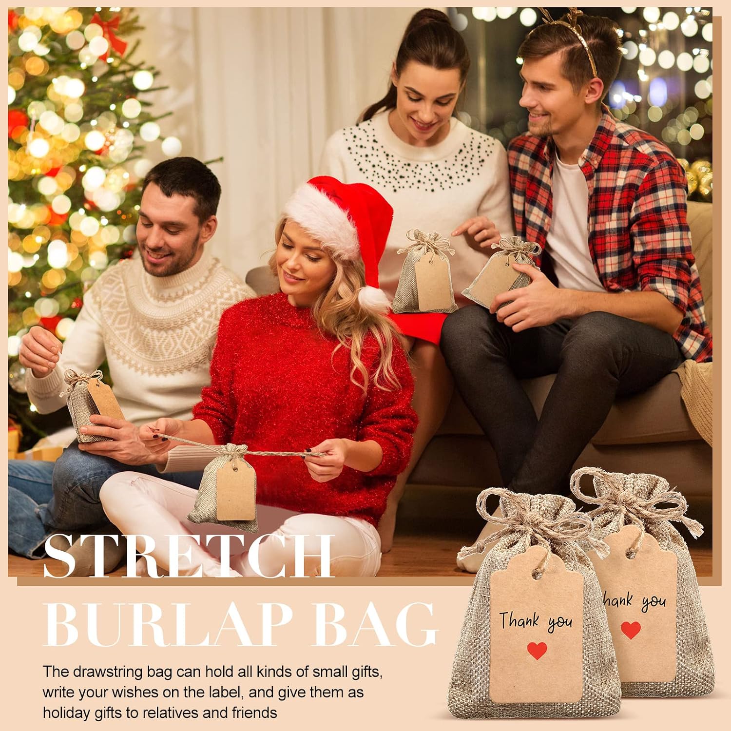 Kenning 100 Pcs Burlap Bags with Gift Tags and String 3.5 x 5 Inch Small Burlap Sacks Drawstring Bags Reusable Linen Jewelry Pouches for Christmas Wedding Party Favor Gift Wrapping Bulk