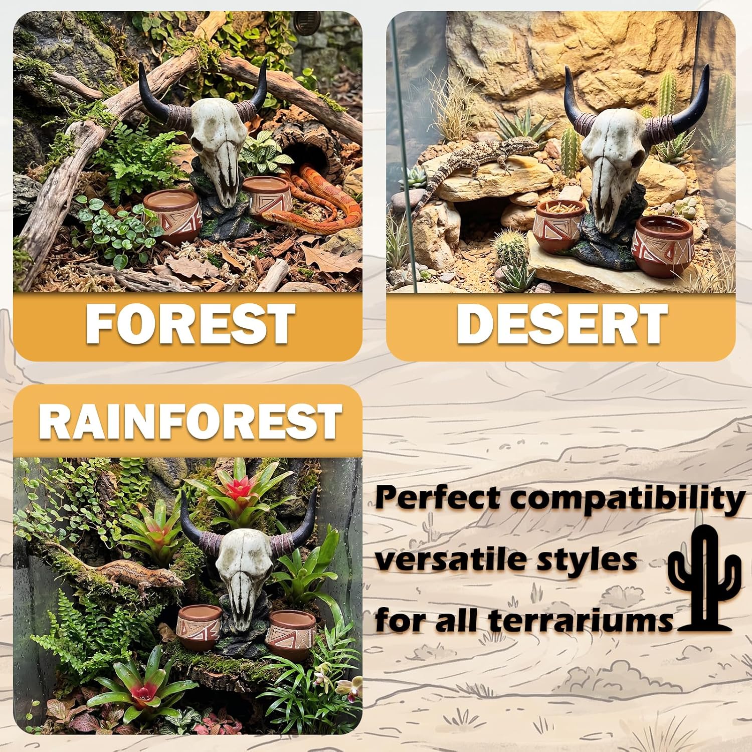 Reptile Water Bowl Bull-Head Shape Gecko Décor Terrarium Tank Decoration | Western bull head skull design, two water/food bowl, for leopard gecko/ bearded dragon and other small reptiles