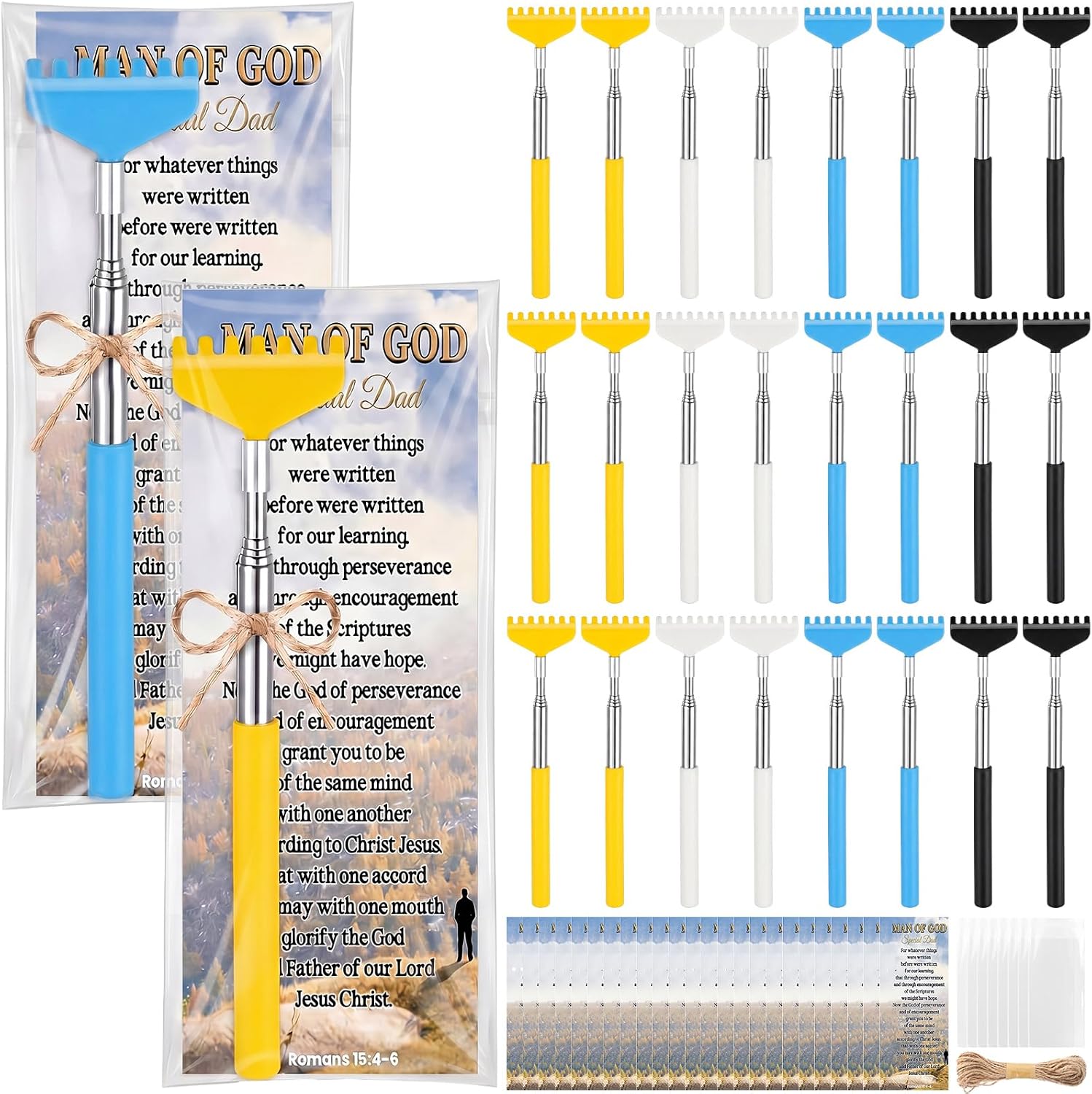 Duraaamo 24 Sets Father's Day Dad Religious Man of God Gifts Bulk Christian Church Gifts Extendable Back Scratcher Bible Verse Bookmarks Cards Telescoping Back Massager Stress Relief Tools Supplies