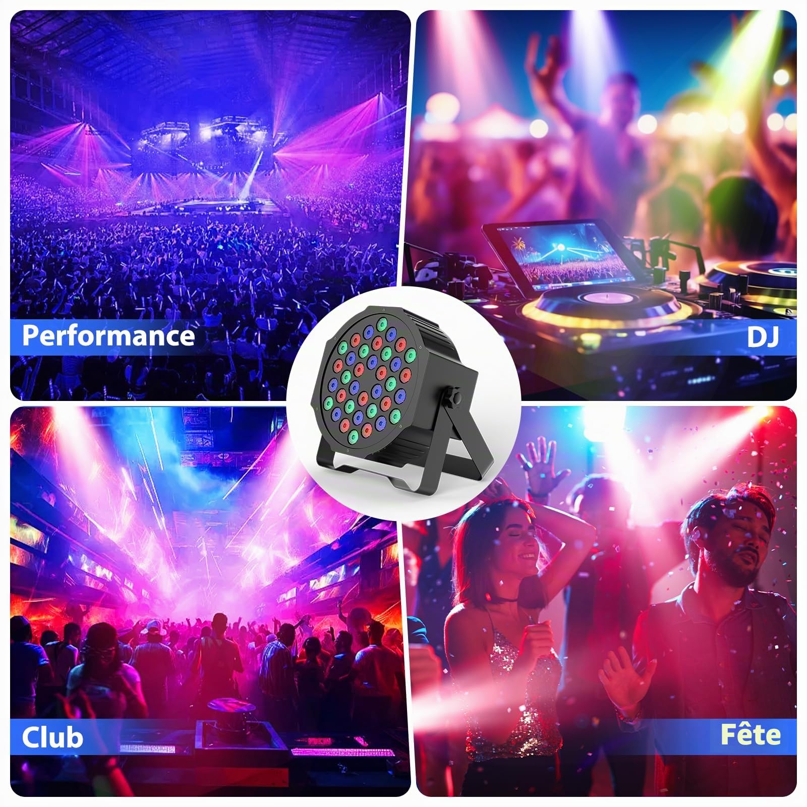 4PCS Par LED Lampe de Scène, 36 LED RGB Lumière Fête Eclairage de Scène Effet DMX512 avec Télécommande et Son Activé, Lumiere DJ pour Disco Party Mariage Halloween Noël