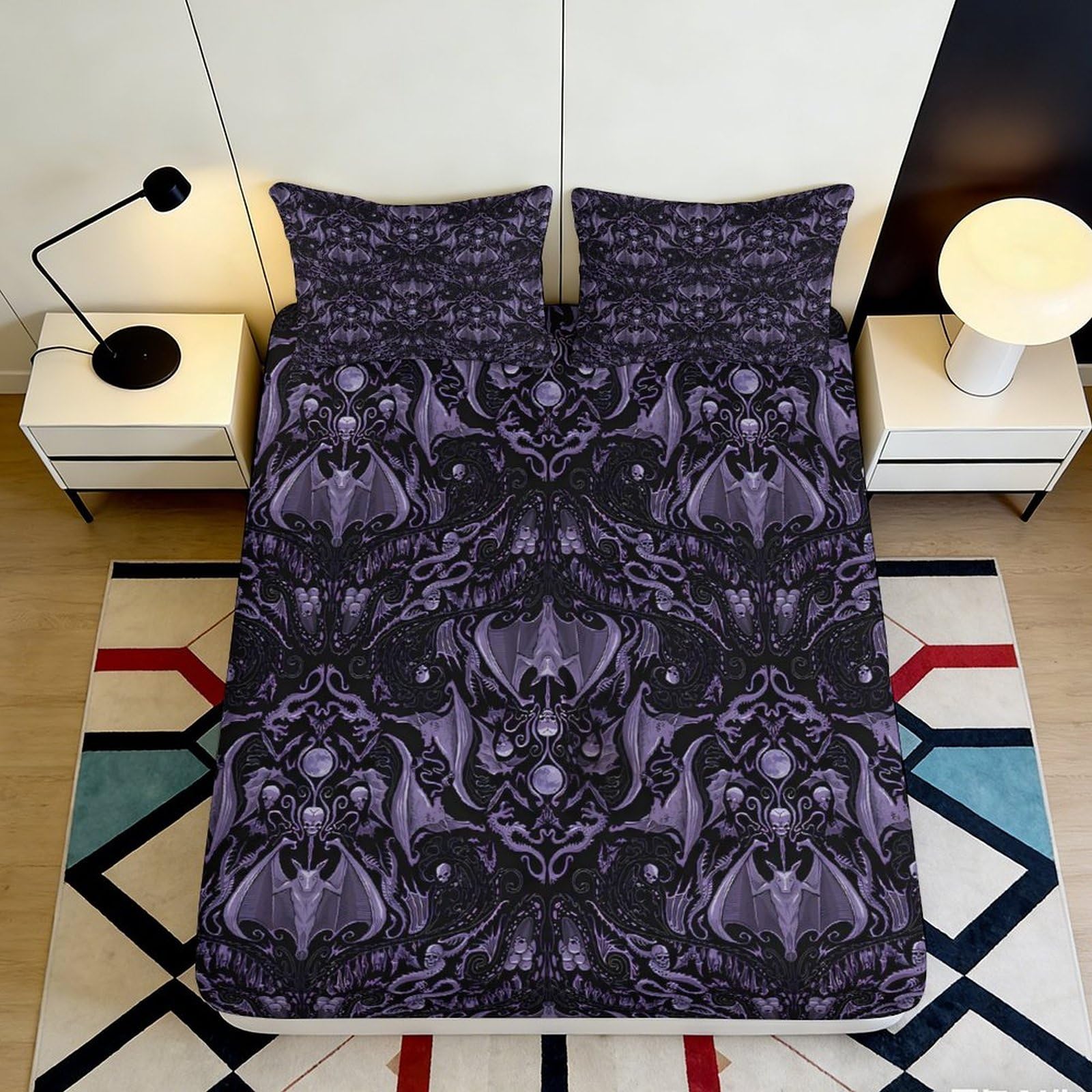 3D Printed Gothic Skull Fitted Sheet Microfiber Soft Purple Baroque Mattress Cover for Bedroom Dorm Mattress Protection Decor 90x200x25cm