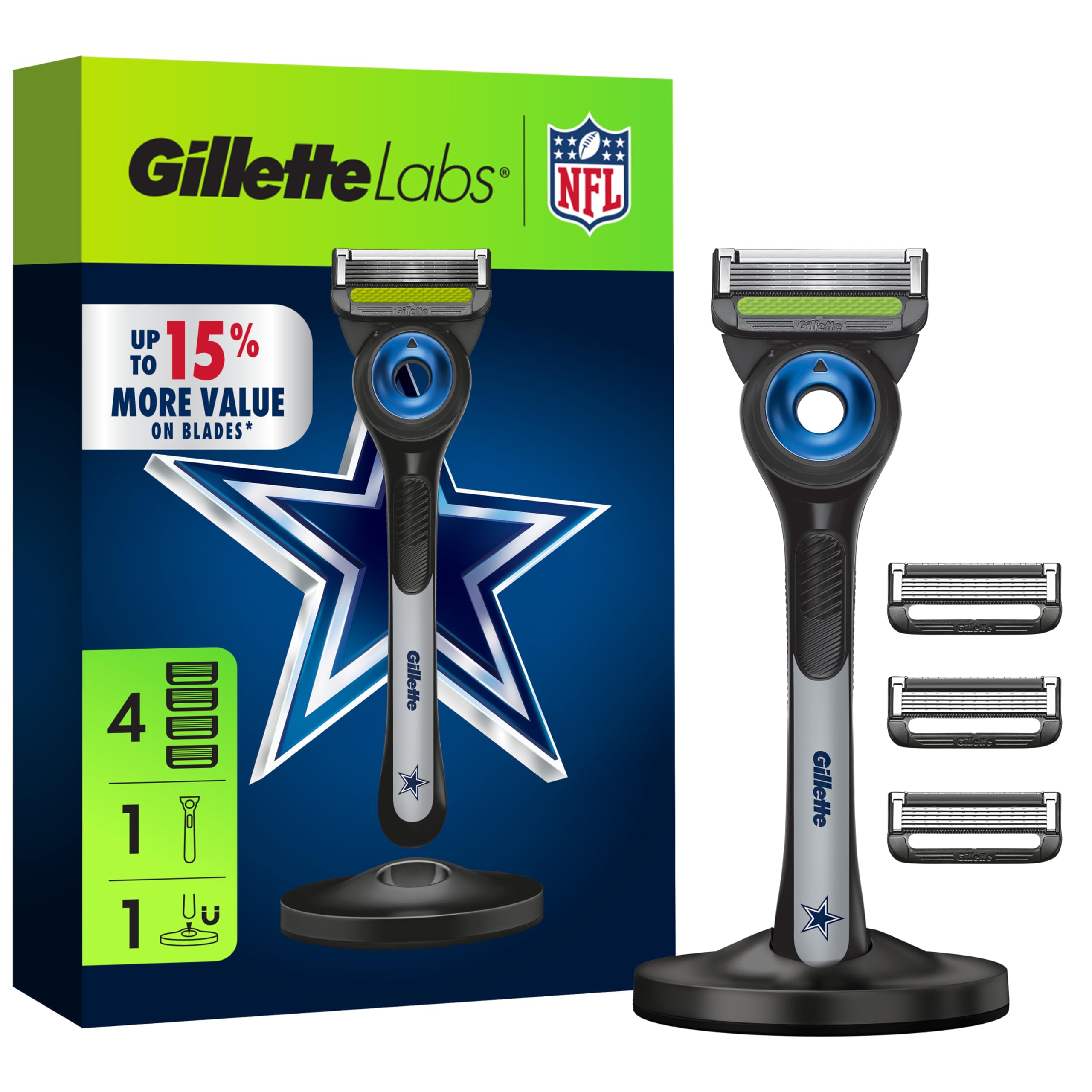 Gillette Labs Special NFL Cowboys Edition Shaving Razor for Men - 1 Handle, 4 Blade Refills & Magnetic Stand, Perfect for Game Day Grooming, GilletteLabs with Exfoliating Bar