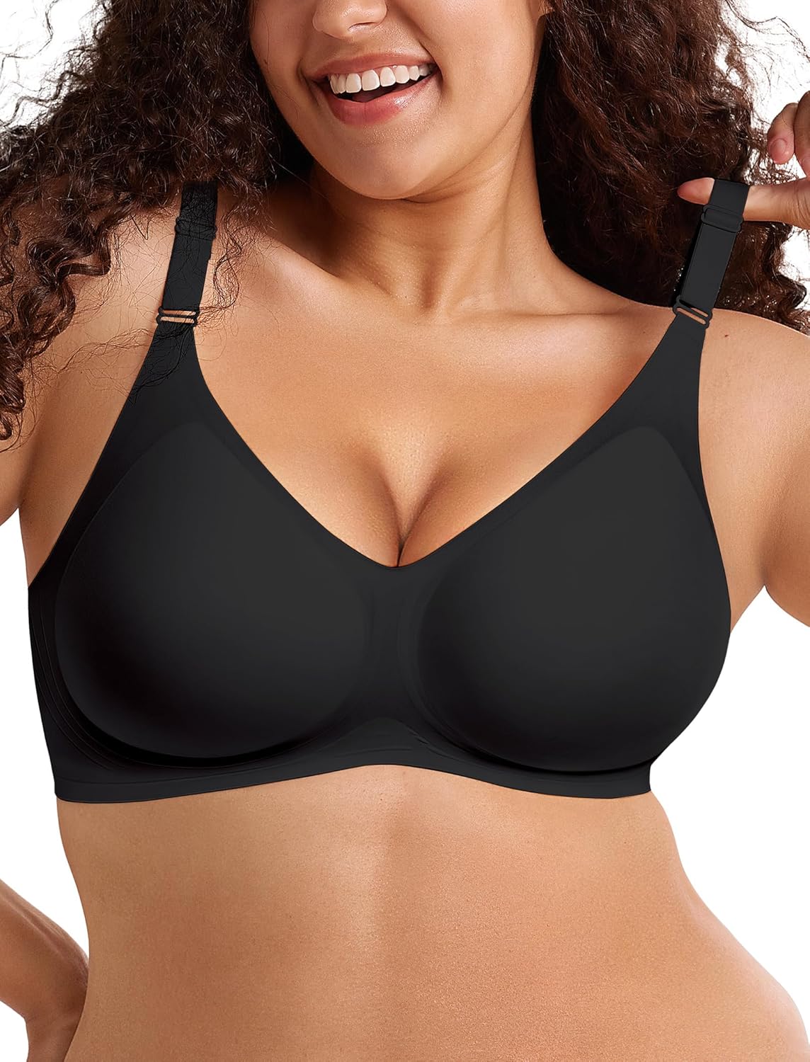 Push Up Seamless Bras for Women No Underwire Support and Lift V Neck Wireless Full Coverage Bralettes Everyday Bras Black X-Large