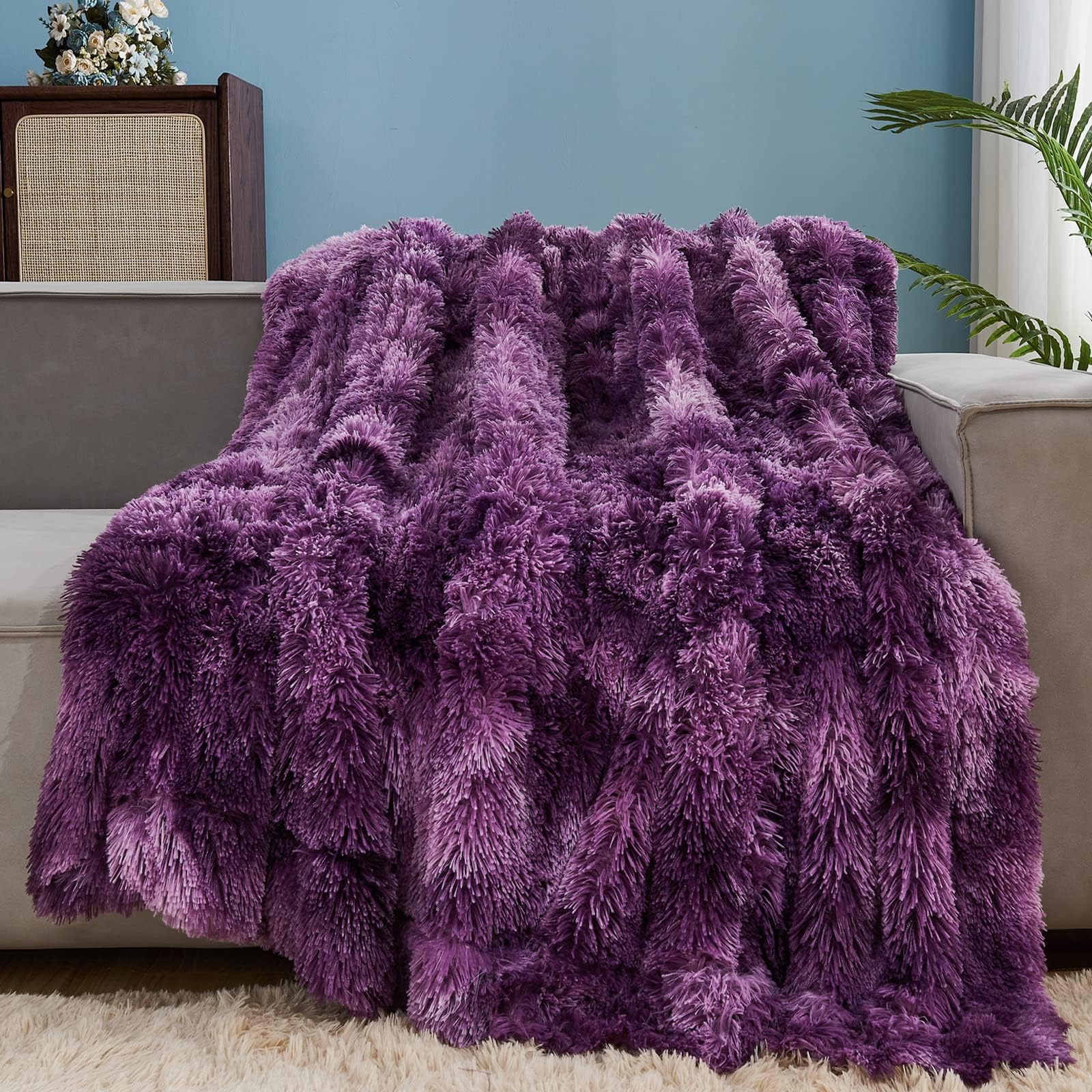 GONAAP Fuzzy Faux Fur Throw Blanket Twin Size Tie-dye Violet Purple Super Soft Cozy Plush Fuzzy Shaggy Blanket for Couch Sofa Bed (Tie-dye Violet Purple, Twin(60"x80"))