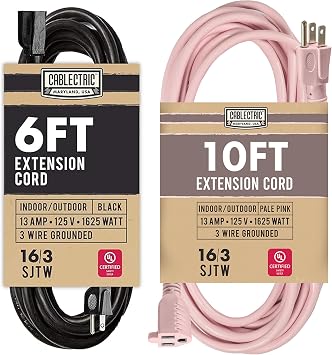 Black Outdoor Extension Cord 6 ft, SJTW 16 AWG 13AMP Weatherproof Heavy Duty Exterior Power Cable & Pink Outdoor Extension Cord 10 ft, 16/3 13 Amp 3 Prong - UL Listed
