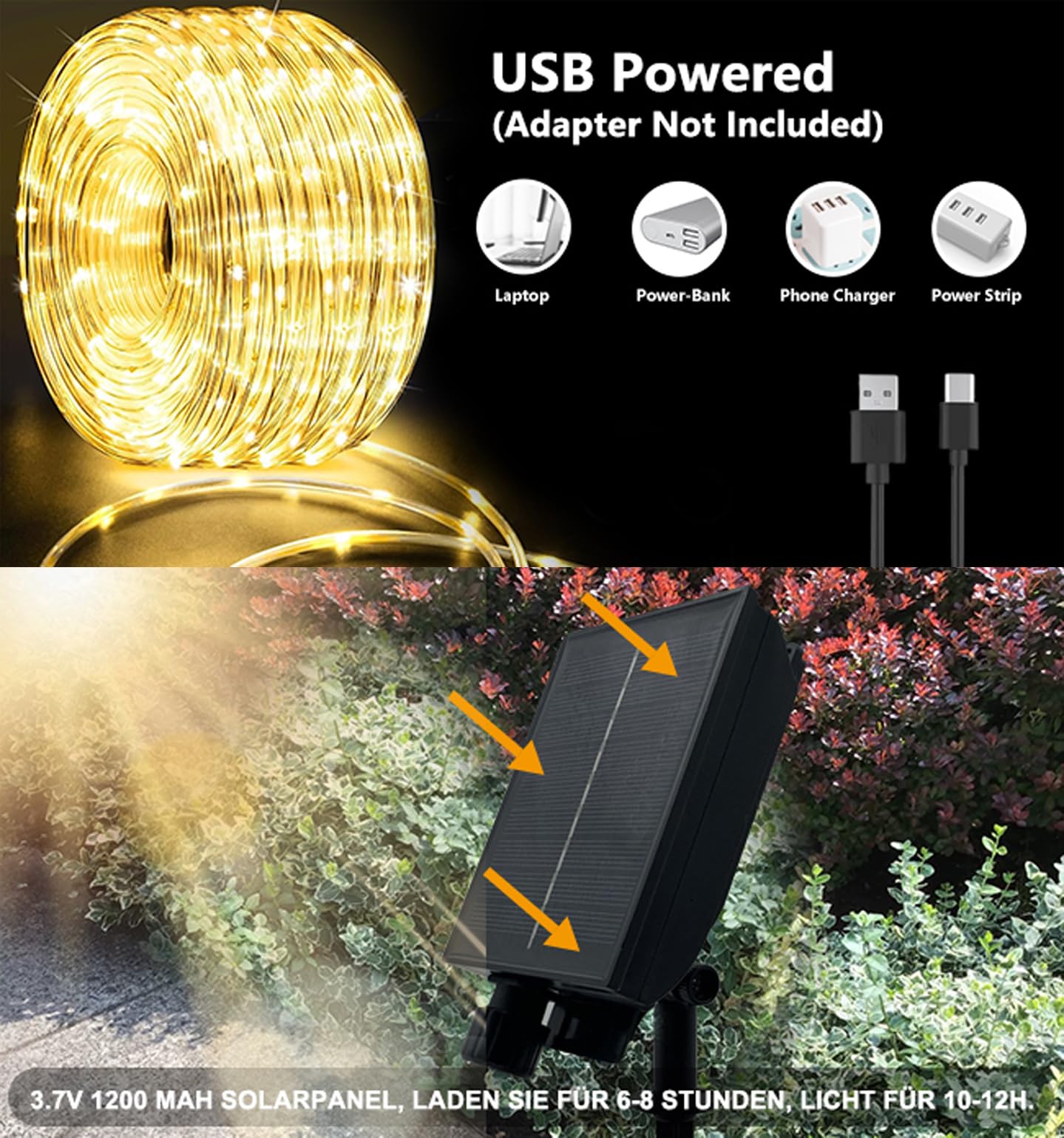 LED Schlauch 20m Wasserdicht,USB & Solar Lichterschlauch Aussen,für Innen außen,8 Modi,Timer,Fernbedienung,Wetterfest Lichterkette für weihnachten Hochzeit Party Deko,(Warmweiß)