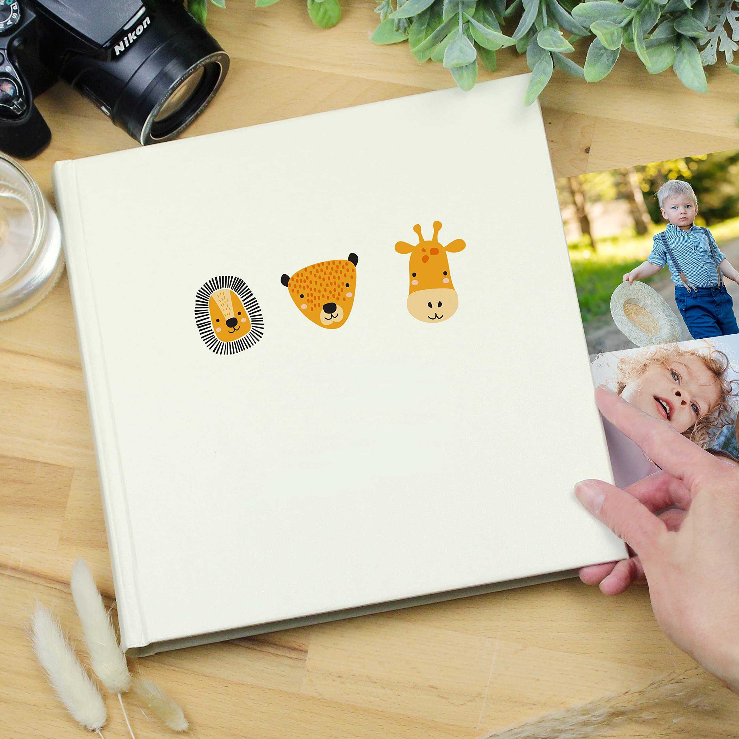 Personalised Memento Ivory Scandi Safari Animals Square Hardback 6X4 Photo Album (Holds Up To 120 6X4 Photos)
