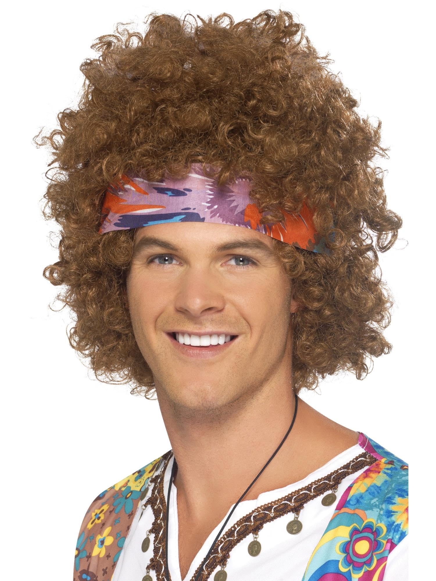 Smiffys Hippie Afro, Braun, mit Kopftuch und 60er Friedenszeichen Hippie-Medaillon Halloween