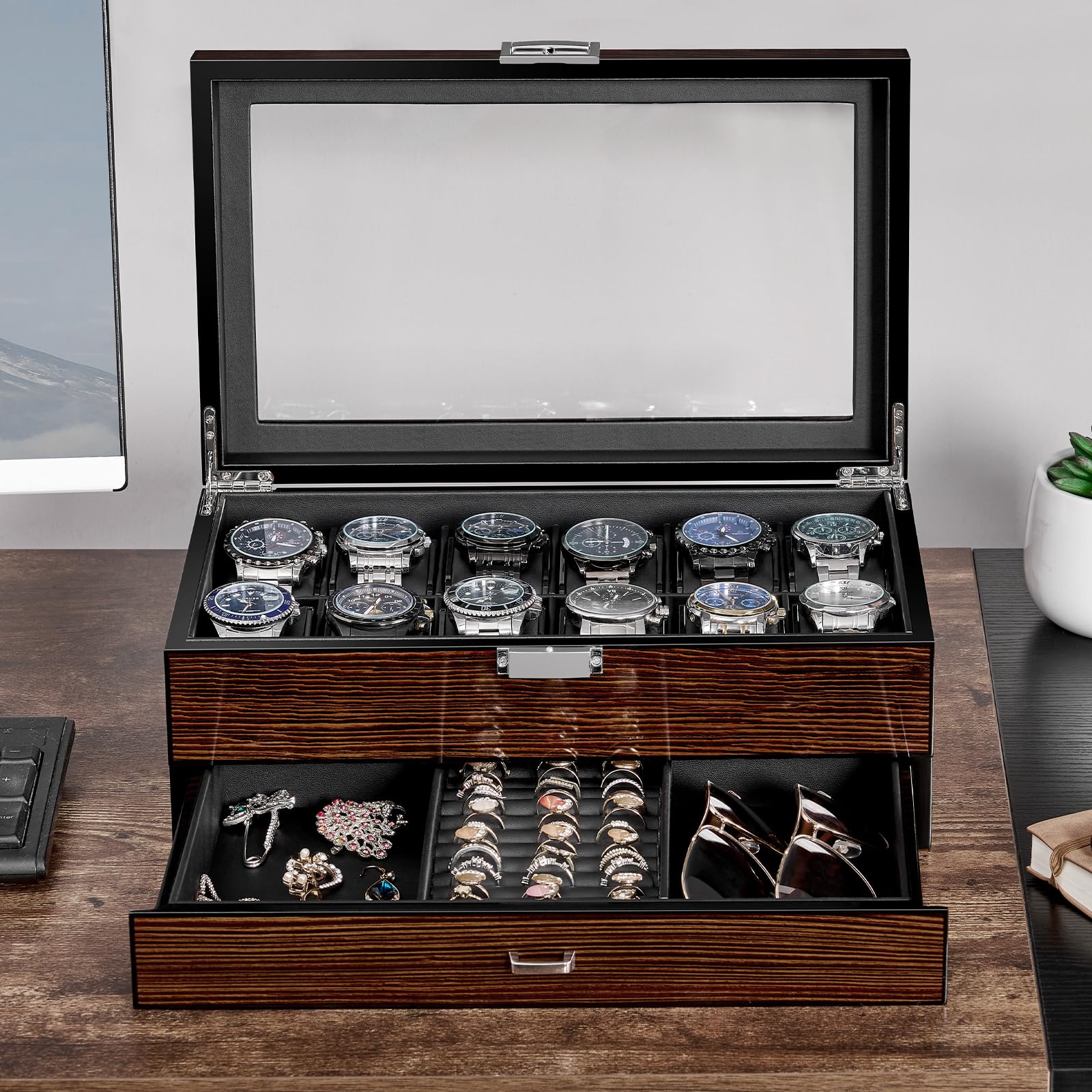 BEWISHOME Caja para 12 relojes de lujo con tapa de cristal y bisagra de metal, marrón