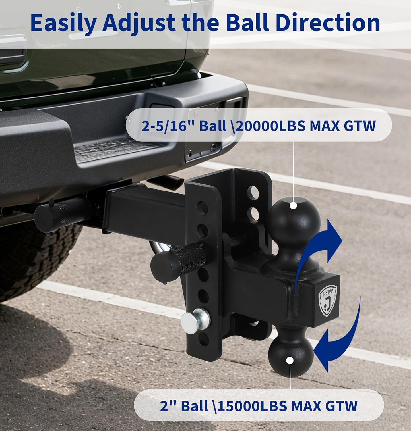 JEXTRA Adjustable Trailer Hitch 4" Drop & Rise Fit 2" Tow Hitch Receiver, 2" and 2-5/16" Ball Hitch for Truck Hitch 20,000LBS Max GTW Hitch Ball with Double Anti-Theft Hook Lock Pins, Black