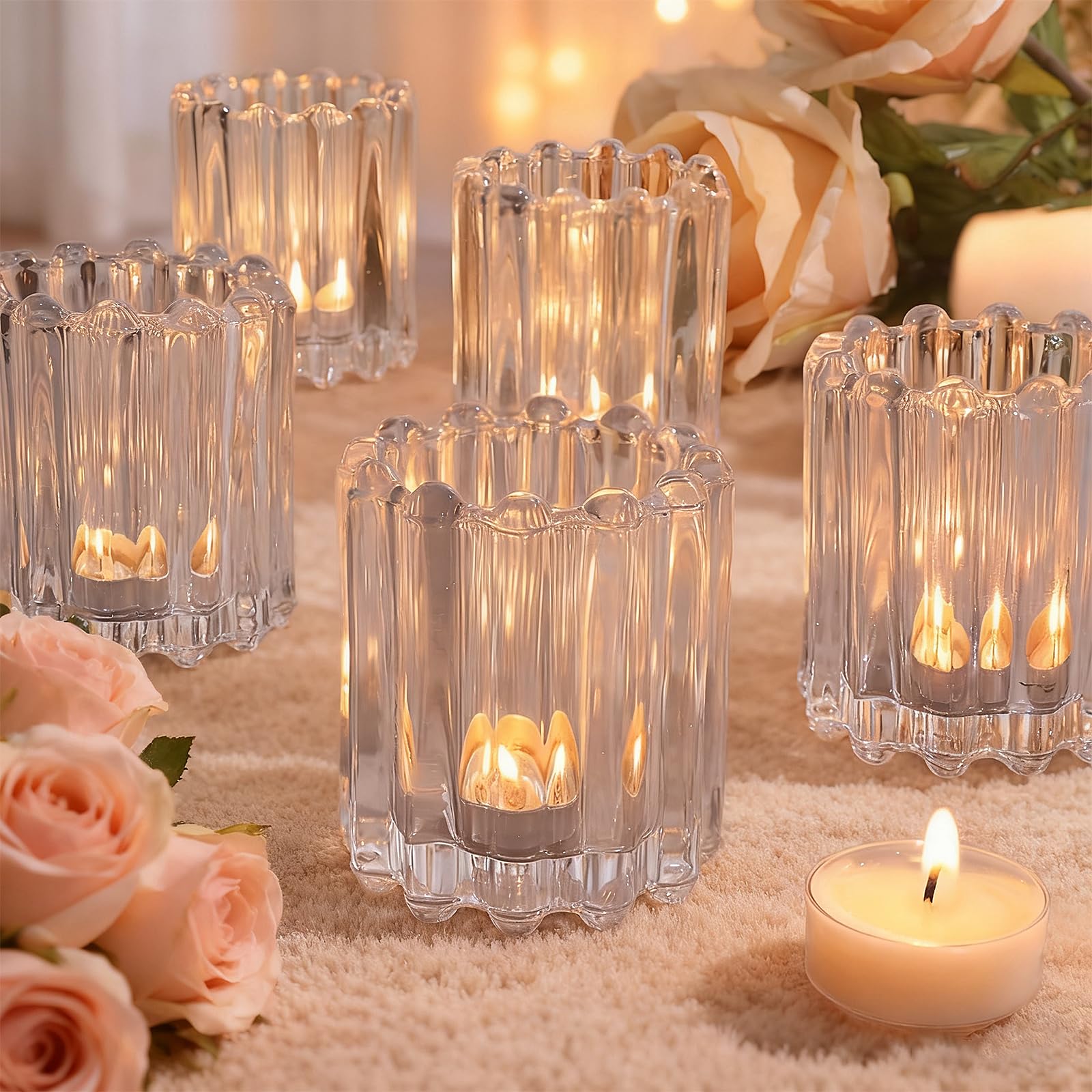 Photo 1 of 16 Pcs Glass Clear Votive Candle Holders, Vintage Ribbed Votive Candle Holder Bulk Tealight Candle Holder for Wedding Christmas Party Dining Table Centerpiece Decor