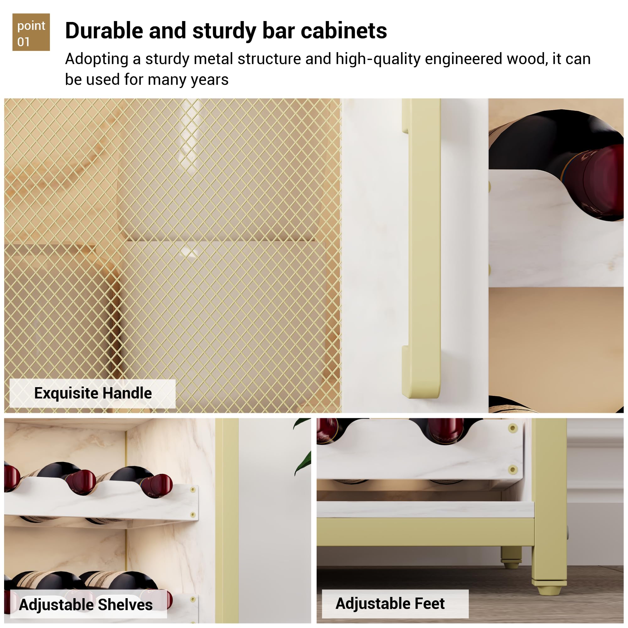 Weinbar Schrank 36" – Kompakter Bar Schrank Mit Verstellbaren Ablagen, Glashalter & Metallgittertür – Liquorschrank & Kaffeebar Möbel Für Küche & Esszimmer, Gold+Lampe