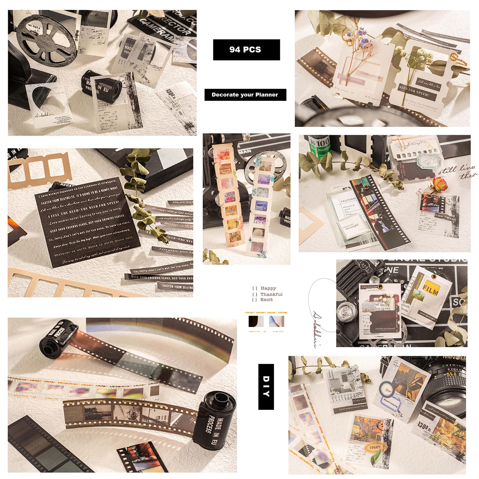 Doraking 94 szt. folii do scrapbookingu, opakowania papieru do dziennika, naklejki Washi, materiały papierowe, notatki, wodoodporne naklejki taśmowe do dzienników, planerów, estetyczne rękodzieło,