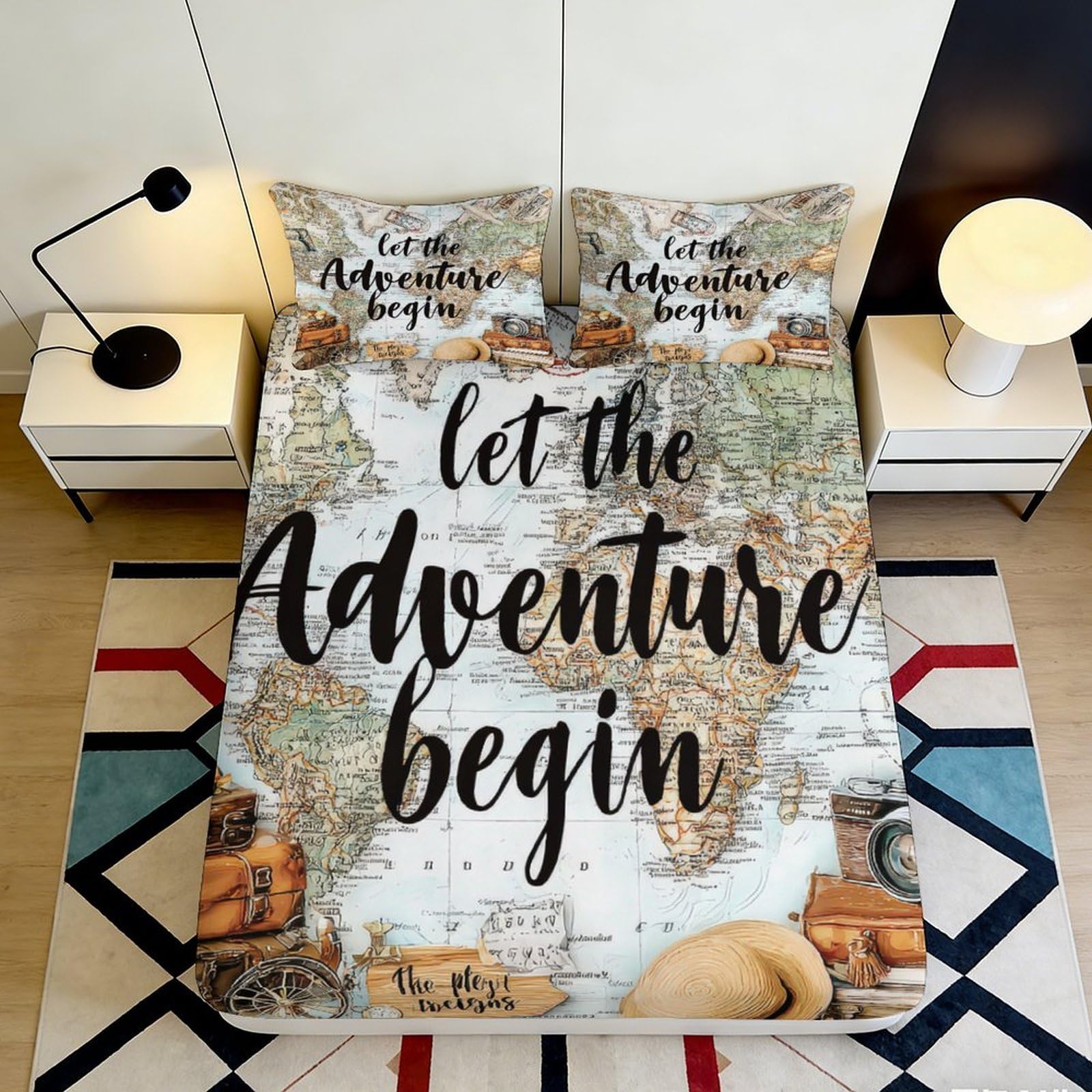 3D Printed Vintage World Map Fitted Sheet Microfiber Soft Adventure Begin Bed Sheet for Bedroom Guest Room Decor 90x200x25cm