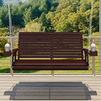 Real Relax Front Porch Swing, Wooden 2-Seater Outdoor Swing Bench with Cupholders, Hanging Chains, Heavy Duty 880 Lbs, Deep Seat and High Backrest for Outside, Backyard, Garden, 4 FT Brown
