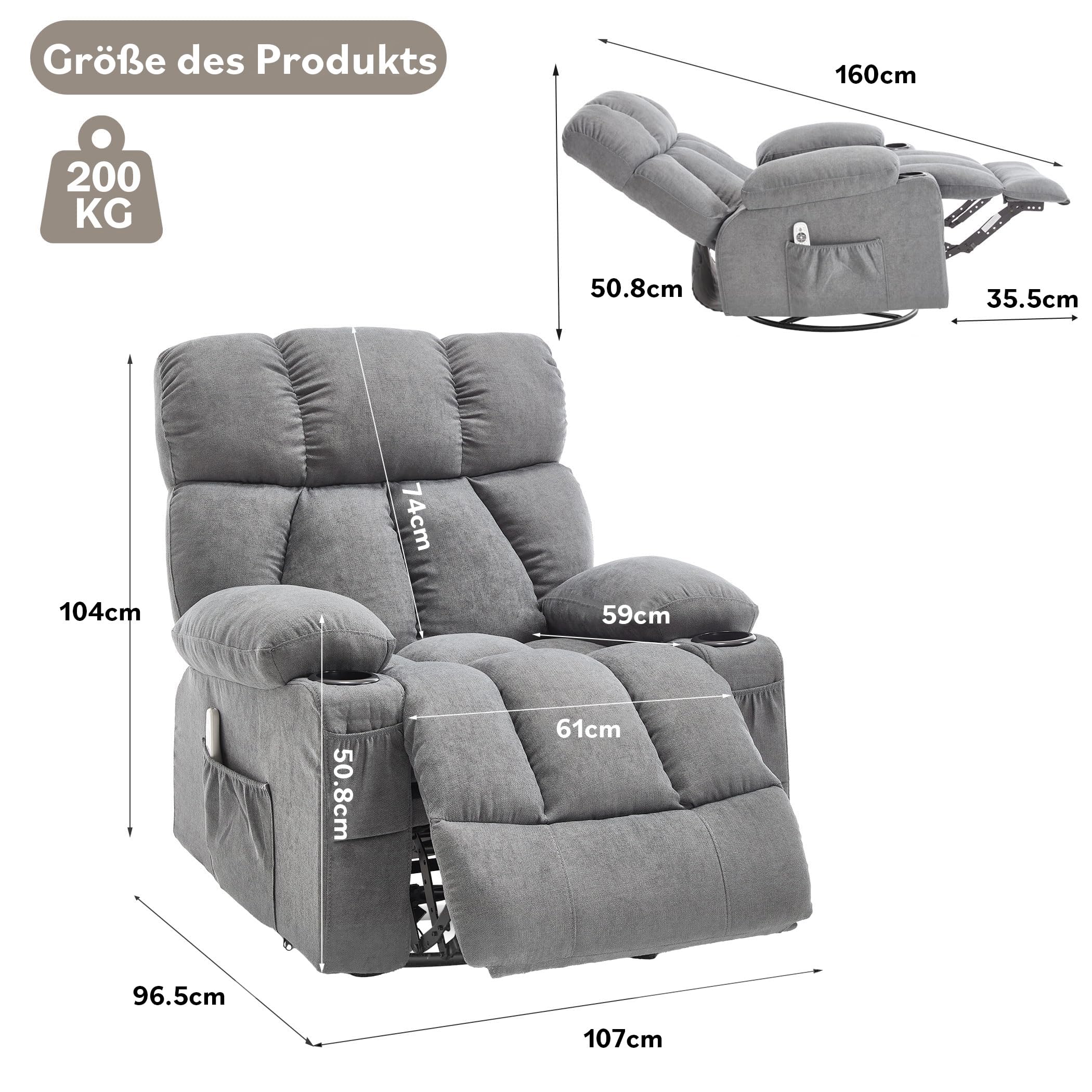 Bosmiller Elektrisch Relaxsessel mit Liegefunktion, Fernsehsessel mit Wärmefunktion, 2 Seitentaschen Getränkehalter, Aus Stoff TV-Sessel mit 360°-Drehung für Wohnzimmer,Grau