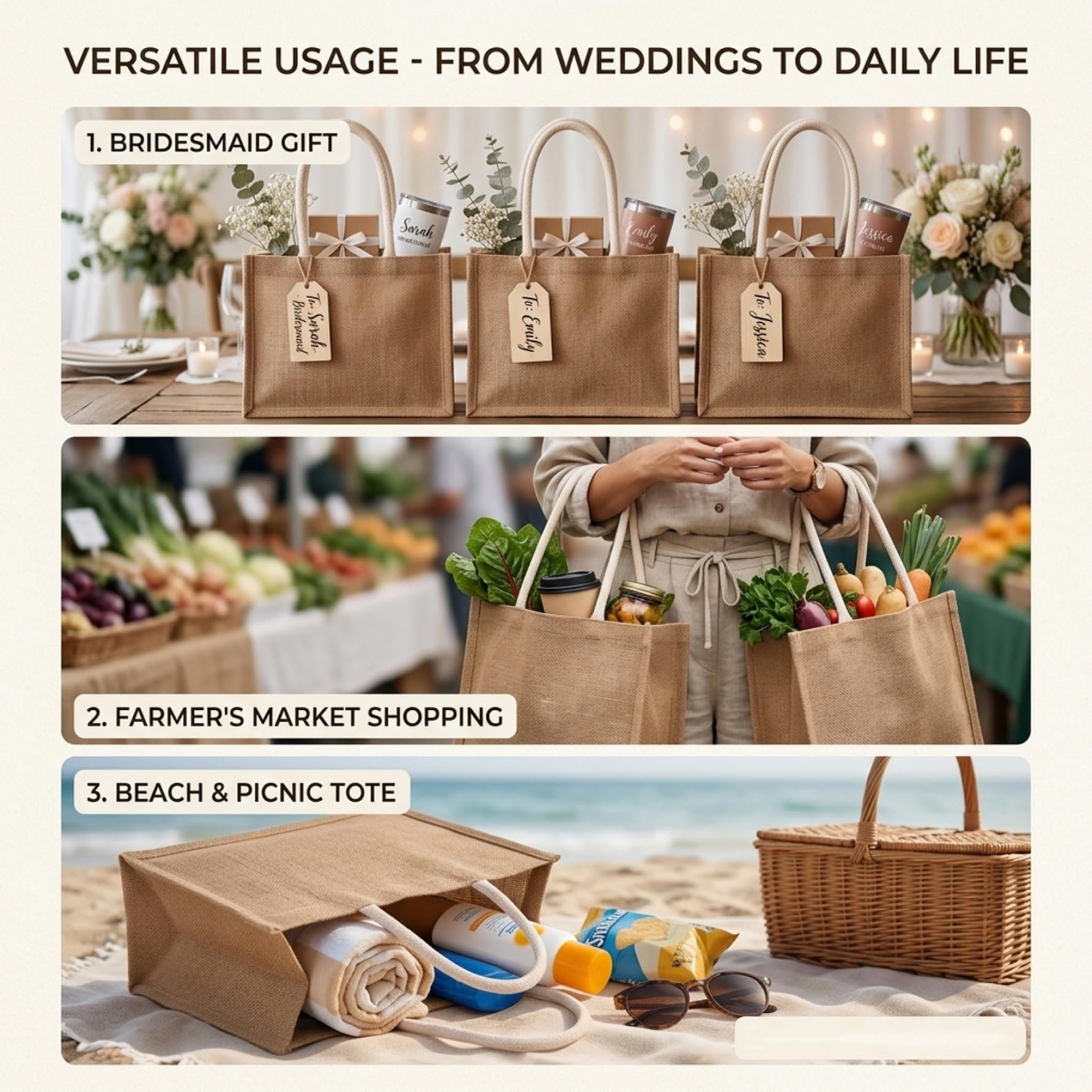 Lot de 12 sacs en jute imperméables, doublés et munis de poignées, parfaits pour la plage, les achats, les demoiselles d'honneur et les loisirs créatifs (22 x 16 x 10 cm). Dimensions : 22