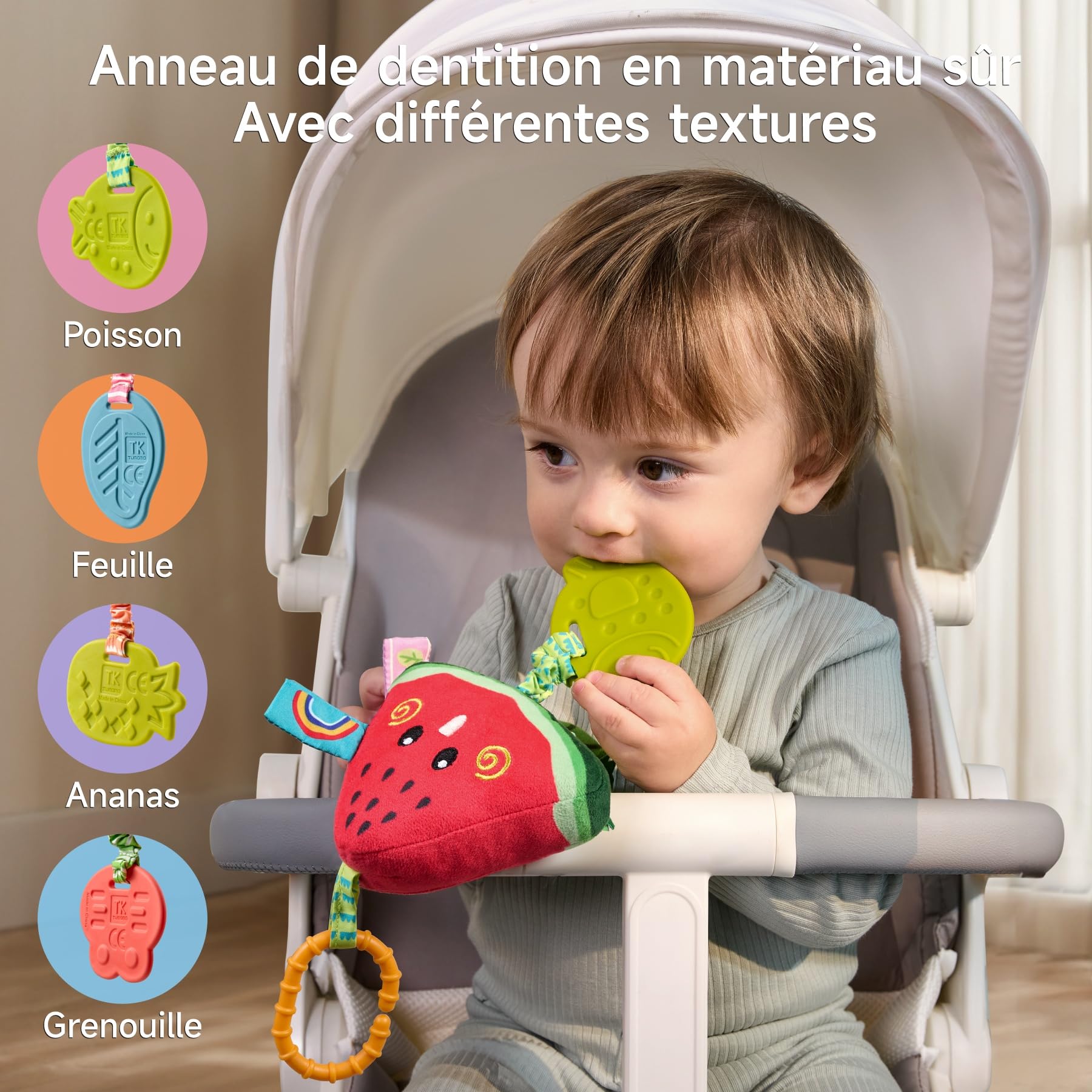 TUMAMA Hochet à suspendre pour landau de bébé de 0 à 3 à 6 à 9 mois, jouets d'apprentissage sensoriel pour nouveau-né avec son couineur et anneau de dentition, hochets en peluche citron pour siège