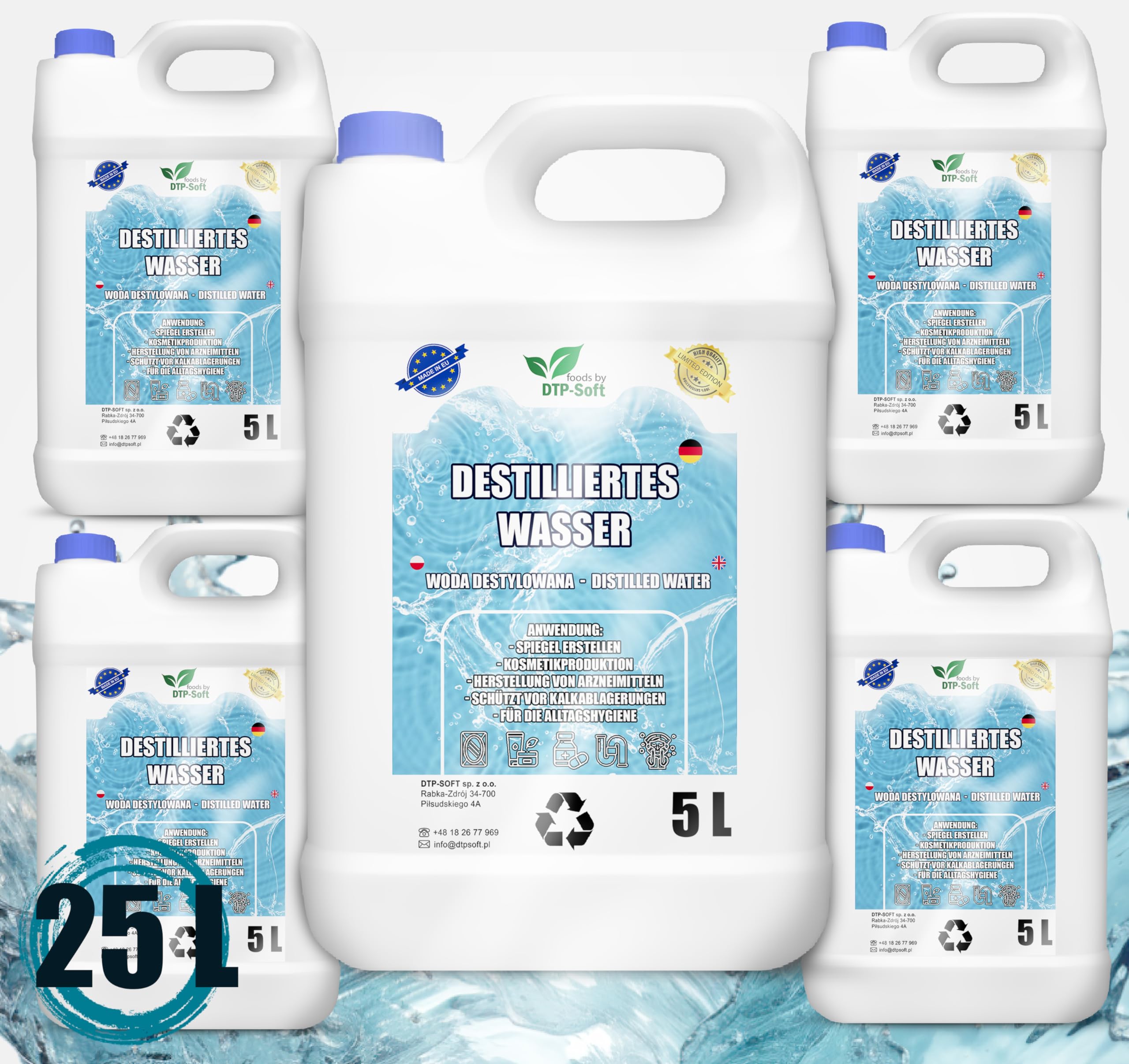 Eau distillée 100% pure 25L | Eau déminéralisée 5x5L - eau distillée adaptée pour fer à repasser, humidificateur, batteries et bien plus encore