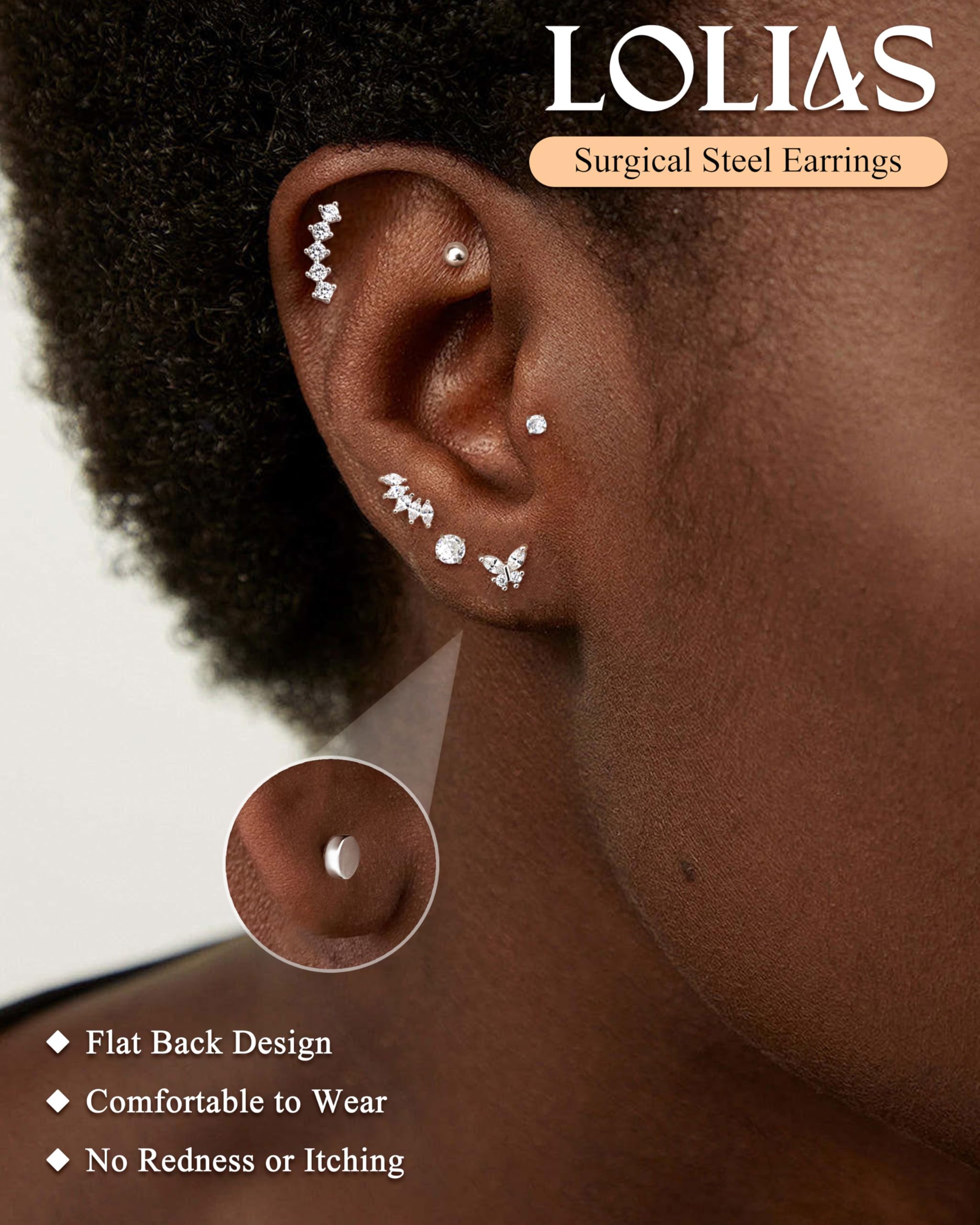 LOLIAS 20 sztuk kolczyków typu helix ze stali chirurgicznej, kolczyki damskie, płaskie, z płaskim zamknięciem, kreolki, kolor złoty, srebrny, conch, helix, tragus, biżuteria do uszu