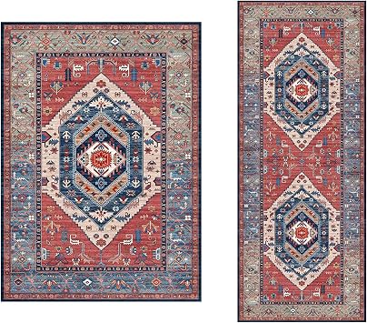 SERISSA 2x6 and 5x7 Boho Rugs Rust Rug Non-Slip Washable Area Rug, Ultra Soft Oriental Vintage Low-Pile Carpet for Kitchen Living Room Bedroom Bathroom