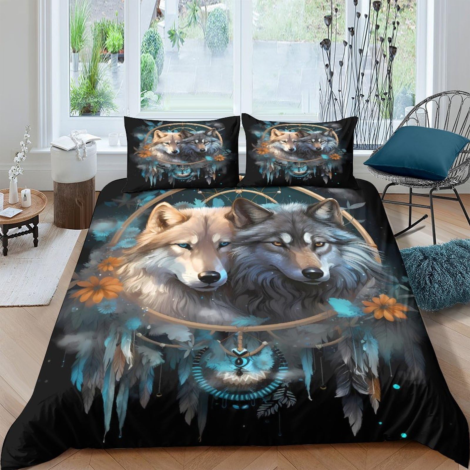 Ctjqhvkz Style-3 3D Printed Wolf Forest Fitted Sheet Microfiber Soft Anti-Slip Dreamcatcher Bed Cover For Bedroom Guest Room Decor Single（135X200cm）