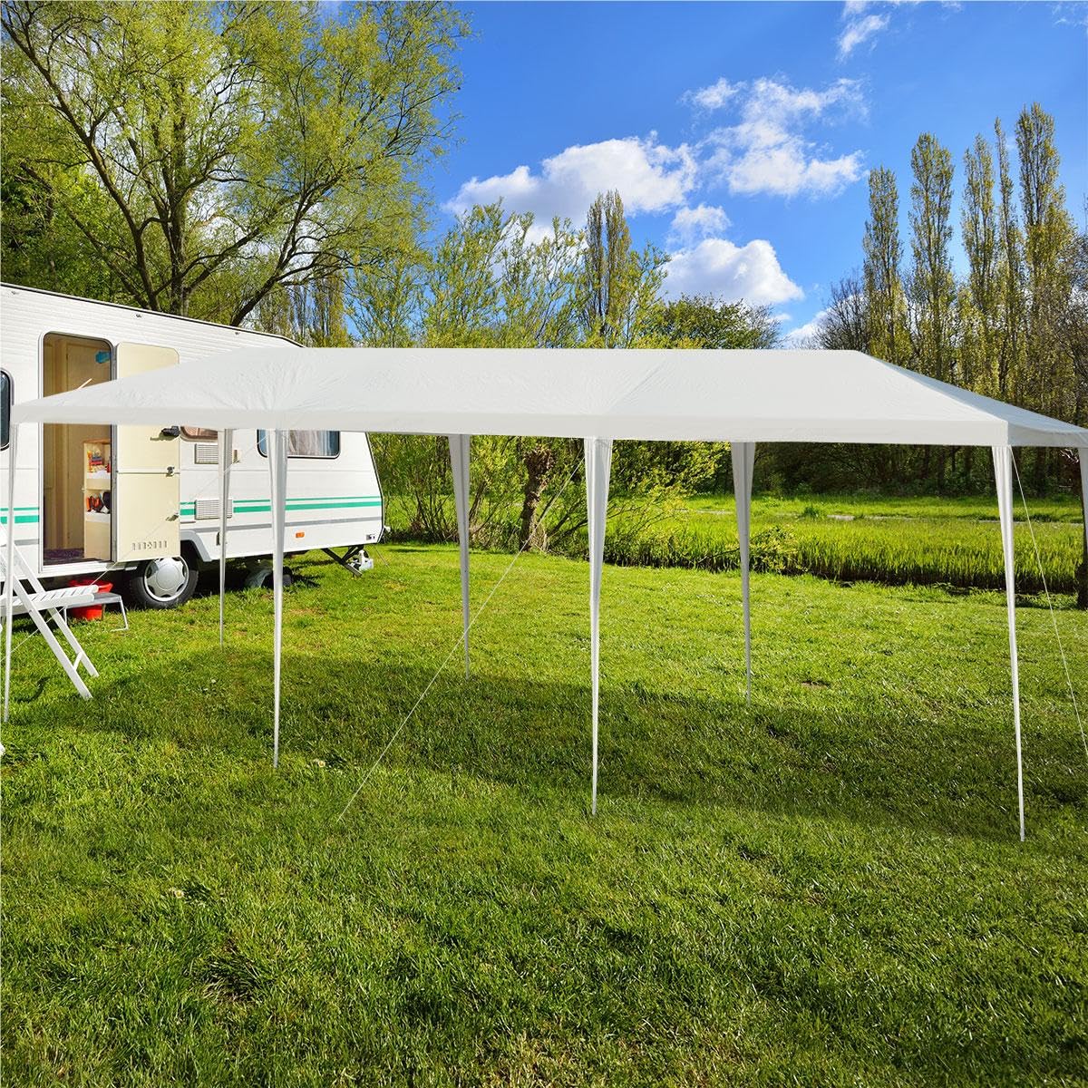 KOMFOTTEU Tenda da Giardino Pieghevole, 3 x 9 m, Impermeabile, Portatile, con Tubi Metallici e Connessione Forte, Gazebo con Corde e Picchetti per Feste, Eventi, Campeggio, Bianco