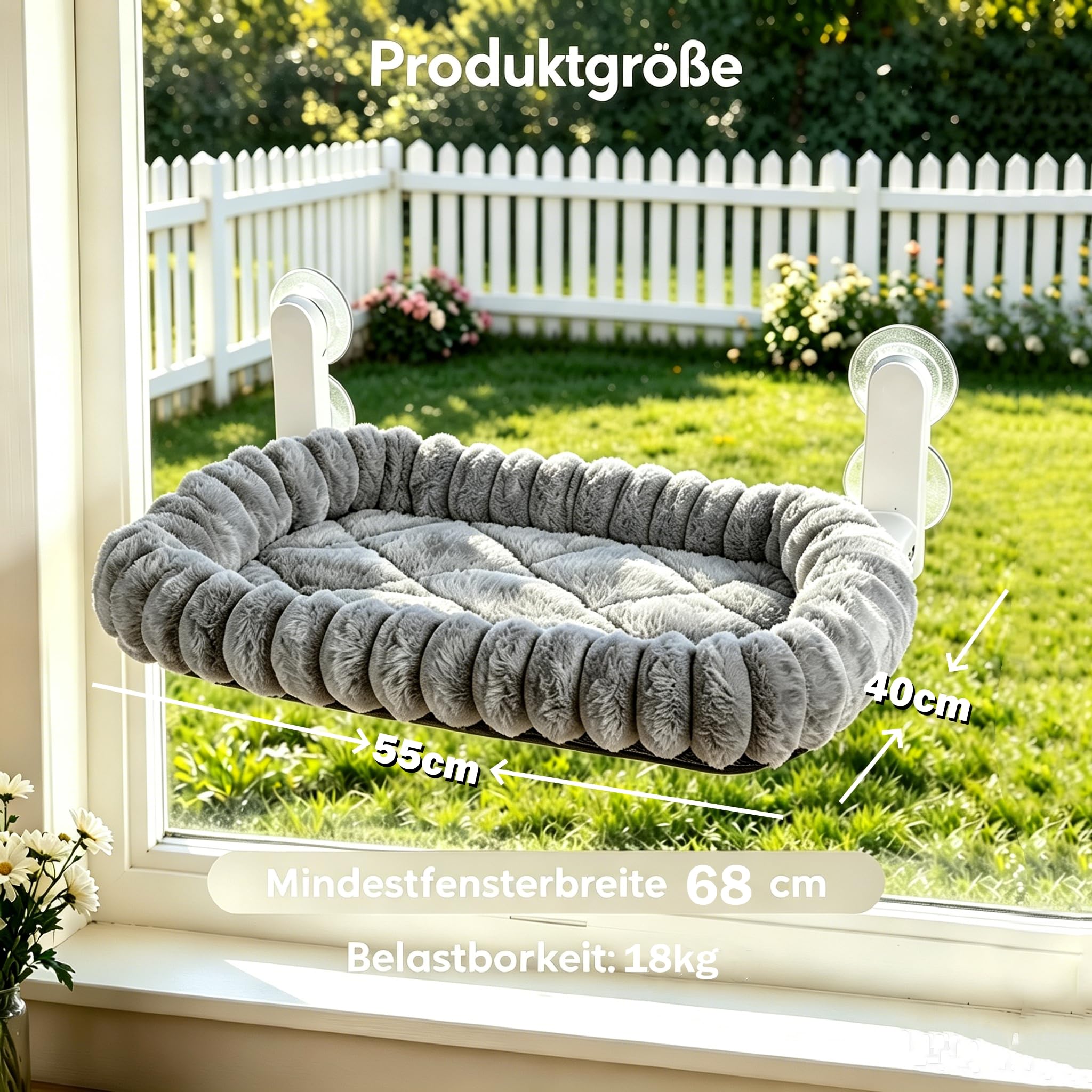 Katzen Fensterliege Faltbar mit 4 Saugnäpfen, weiche Kuschelliege & atmungsaktive Netzseite, extra groß 55 x 40 cm, Robustes Stahlgestell, sichere Saugnapfbefestigung für Katzen bis 20 kg (Grau)