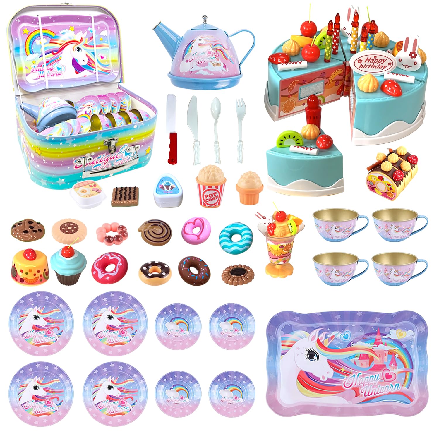 Xwin Sportseries 115 Pcs Unicorn Tea Party & Birthday Cake Light-Up & Musical Cake Set Kids Pretend Play Cutting Food Kitchen Toys Including Dessert Cookies Gift for Kids Toddlers Girls