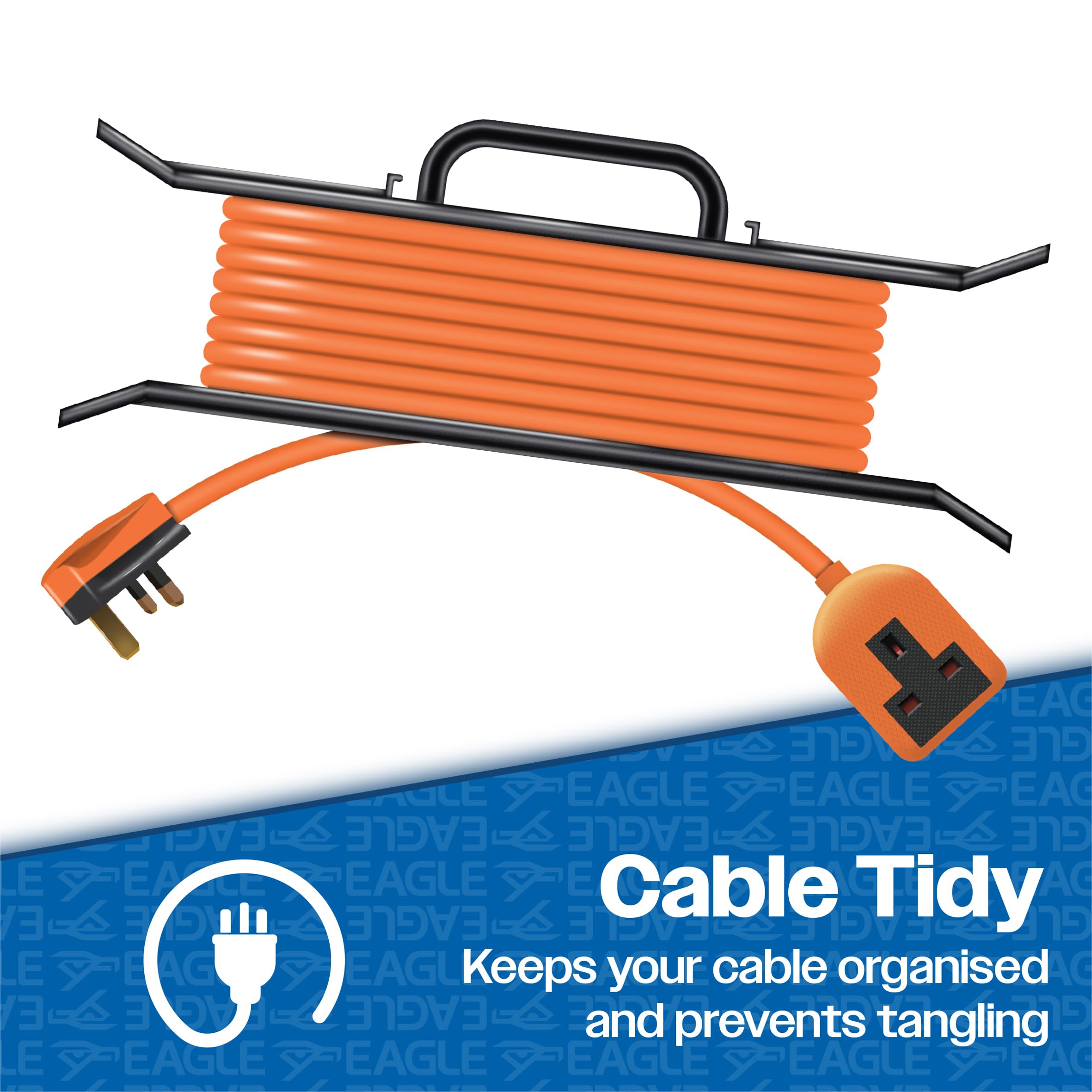Eagle Câble d'extension d'alimentation prise britannique avec enrouleur de câble en H et poignée de transport, câble orange pour bricolage et usage domestique 13 A 15 m