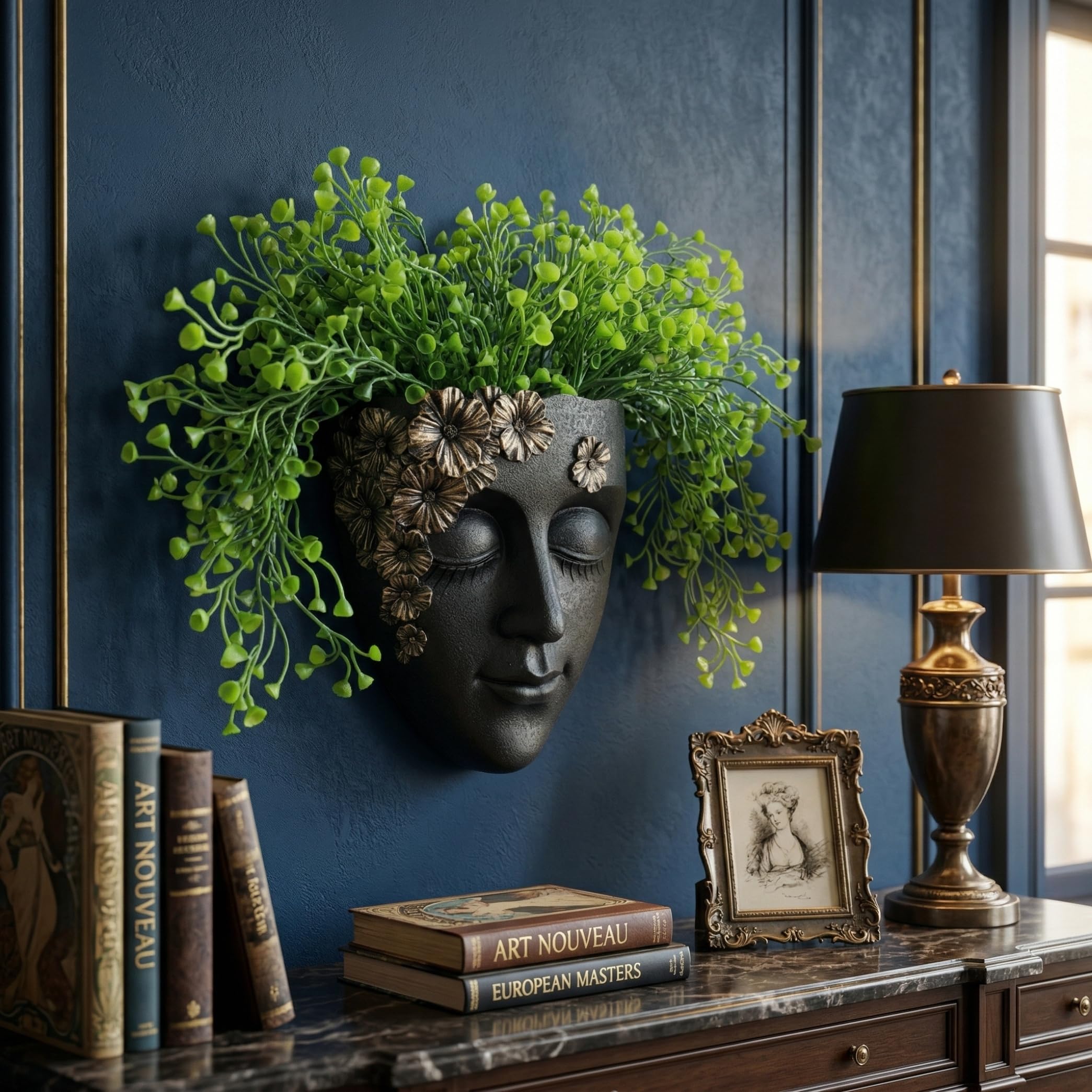 Latemeia Black Face Planter, Face Planter Wall Mounted Vase - Resin Head With 3D Embroidery For Indoor & Outdoor Wall Decor, Head