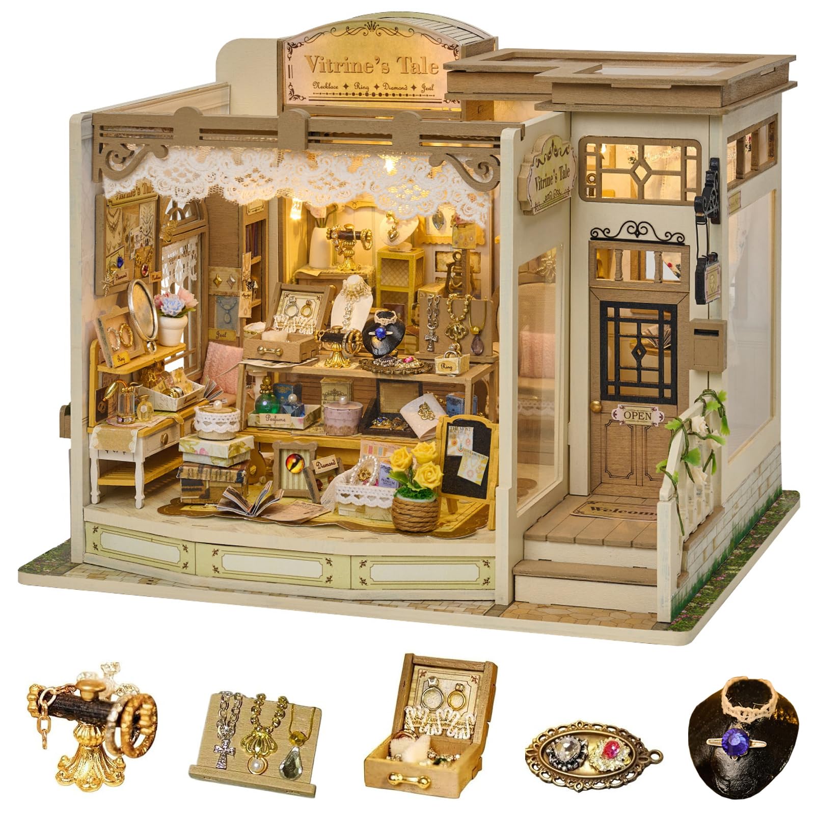 CUTEROOM Wooden DIY Miniature House Kit – Vintage Style Jewellery Shop