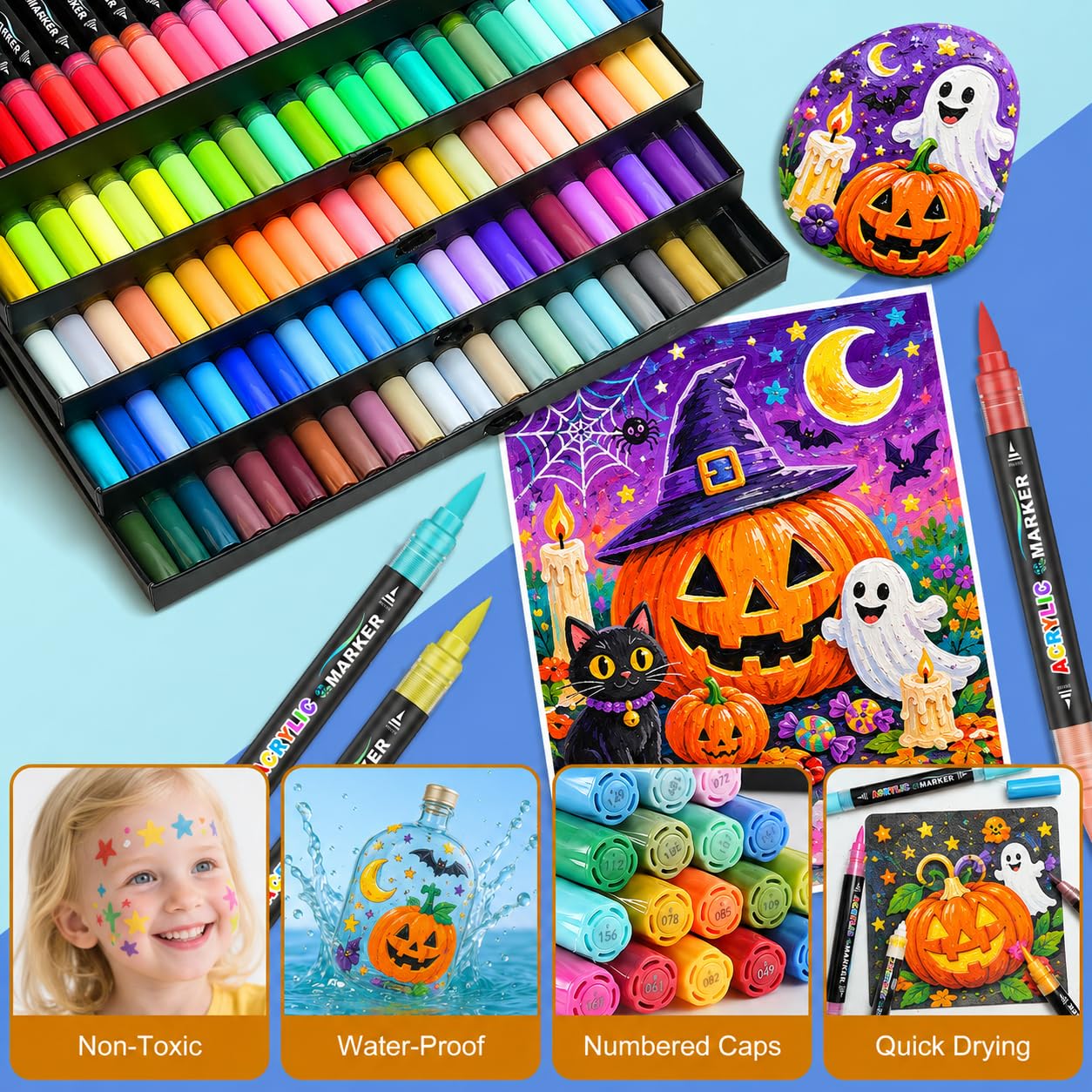 Lyuvie 220 Colorati Pennarelli Acrilici Set-110 Pezzi Marker Pennarelli Acrilici Doppia Punta Fine & Pennello per Dipingere Sassi Dipingere Sassi Tessuti Legno Vetro Carta Plastica