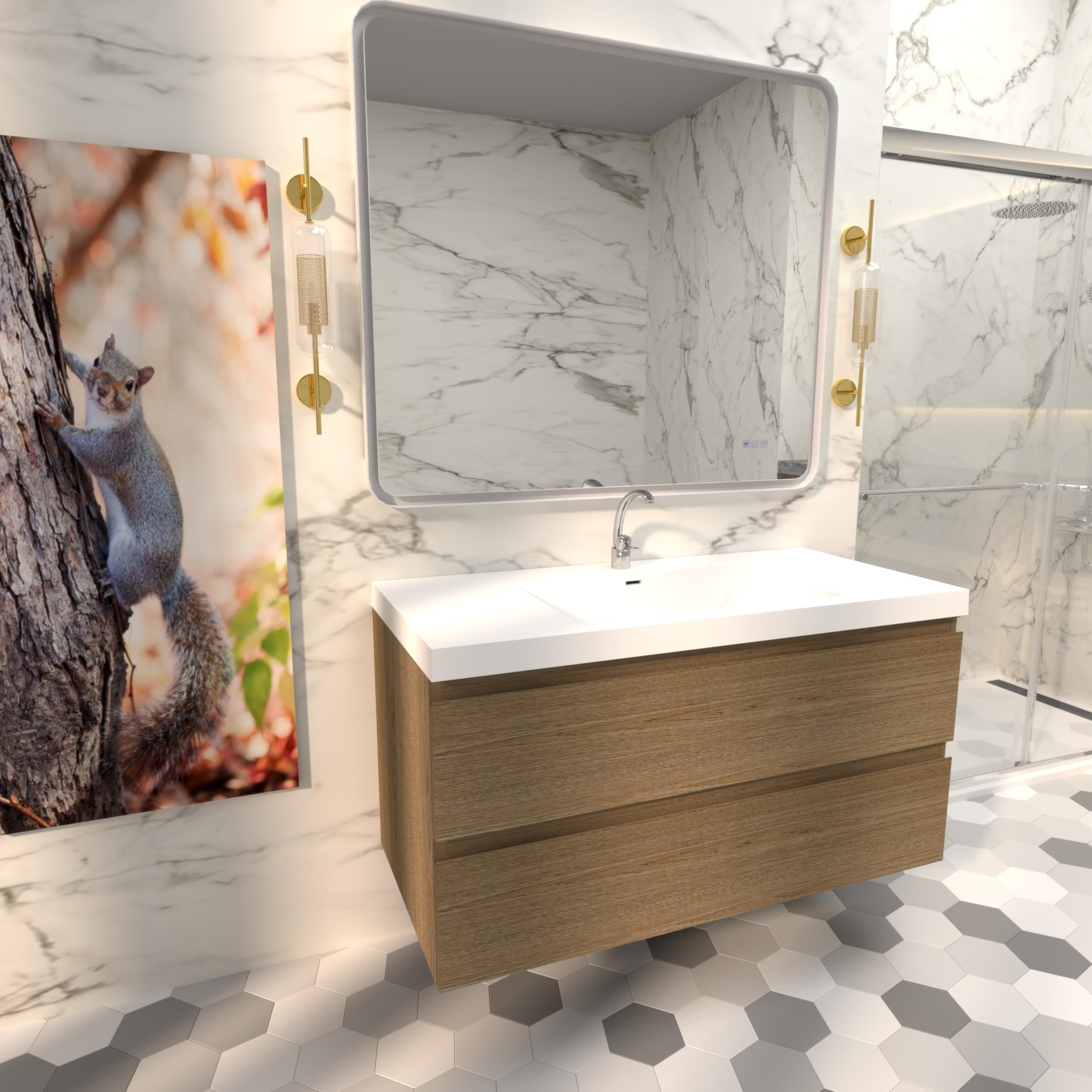 42 inch wall mounted bathroom vanity with resin engineered stone White sink, Two drawers with hidden soft-close slides, Natural Oak finish, Floating cabinet, Excludes faucet and drainage system