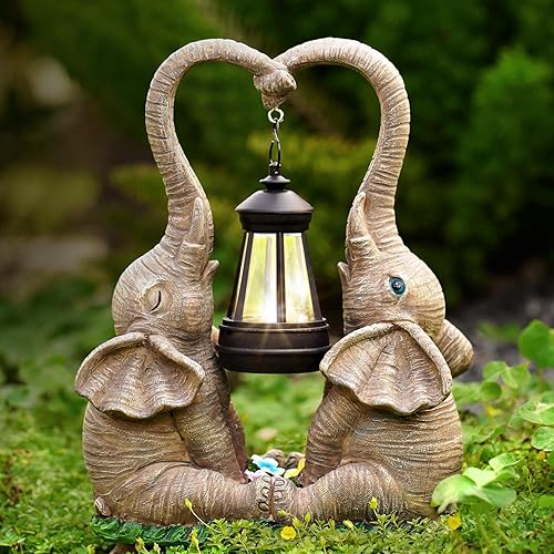 Miniatura 7 de Estatuas de elefante decoración de jardín con luces solares LED, juego de 2 estatuas de elefante de buena suerte al aire libre para patio, porche,