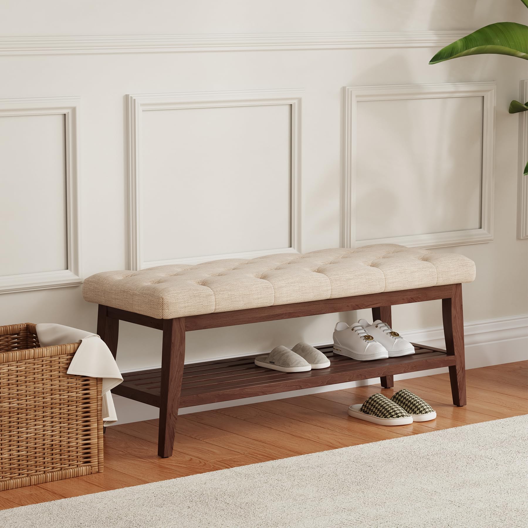 LEILISI Entryway Shoe Bench with Storage, End of Bed Bench, Linen Upholstered Button-Tufted Seat Bench with Solid Wood Frame for Living Room, Bedroom (Beige, 39.4'')