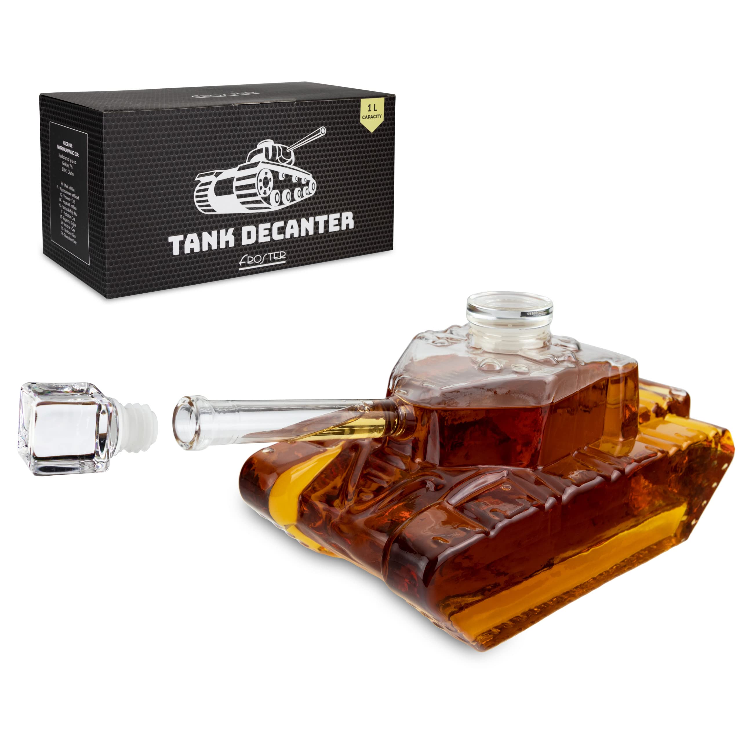 Froster Tank Decanter, Carafe à whisky en forme de char, 1000 ml carafe à rhum, Cadeau homme original, pour un amateur de whisky et d'histoire militaire, Carafe en verre