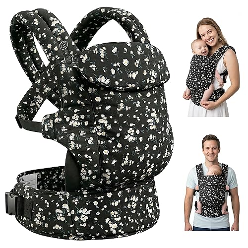 FRUITEAM Baby Carrier, Toddler Carrier with Adjustable Seat Size, Comfortable & Ergonomic Baby Carrier Newborn (7-25 LBS), Easy to Wear, Travel and Hiking Friendly (Black Floral)