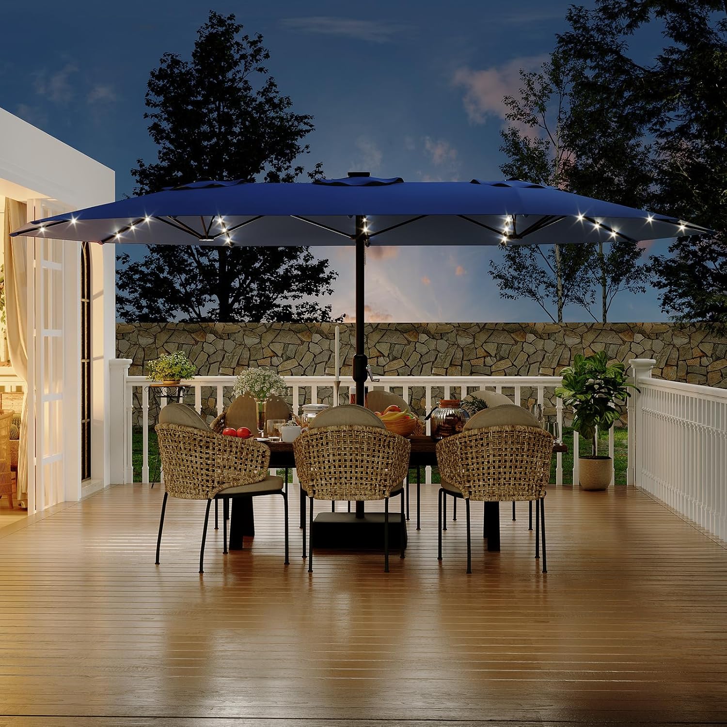 15ft Large Patio Umbrella with Base & Solar Lights - Rectangular Patio Umbrella with Crank Handle, UV Protection for Outdoor Market, Backyard, Pool - Navy Blue