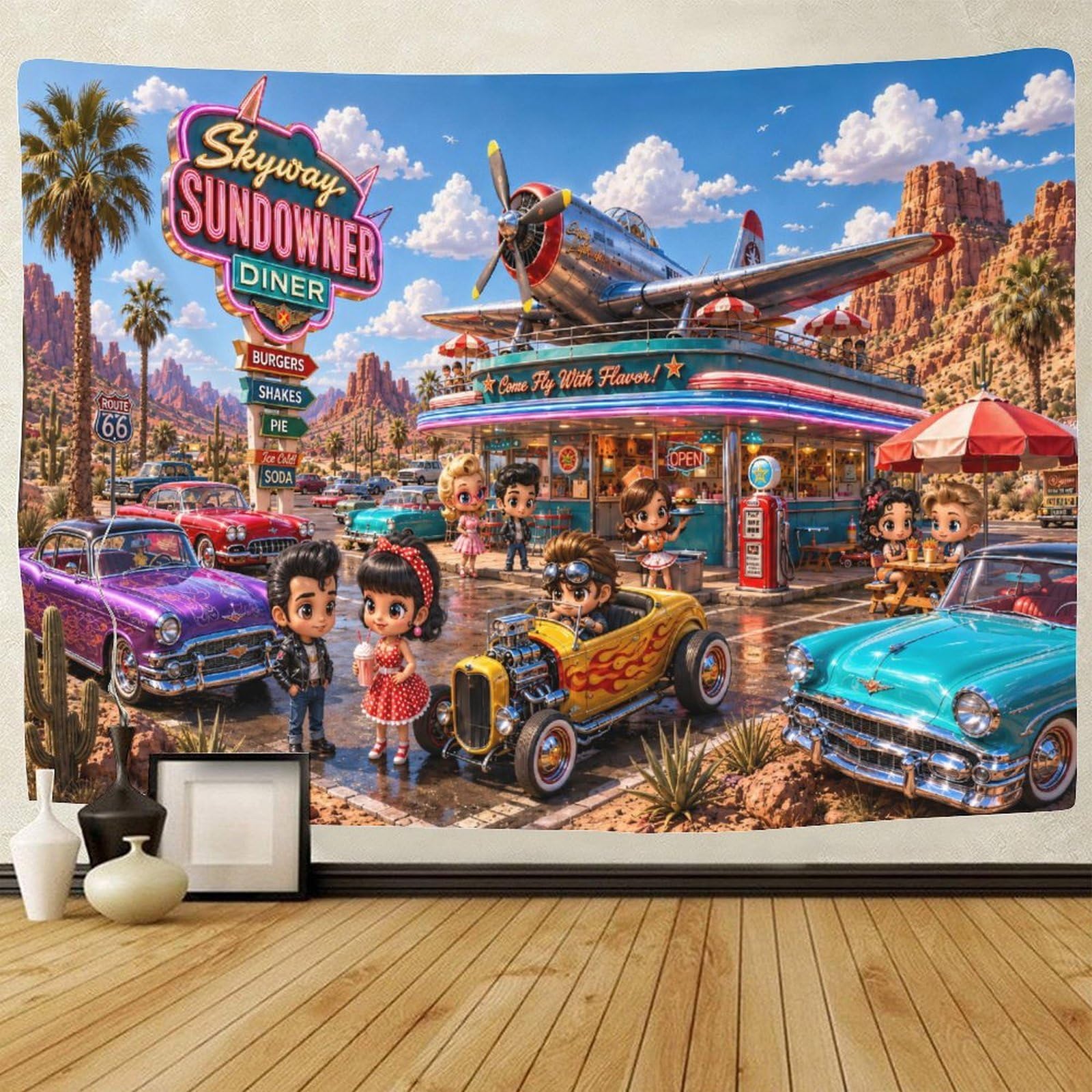 GPMNBCXZK Chibi Route 66 Vintage Aircraft Wall Hanging Decor Wall Tapestry 3D Print Tapestries Poster Curtain Living Room Dorm 150cmx200cm