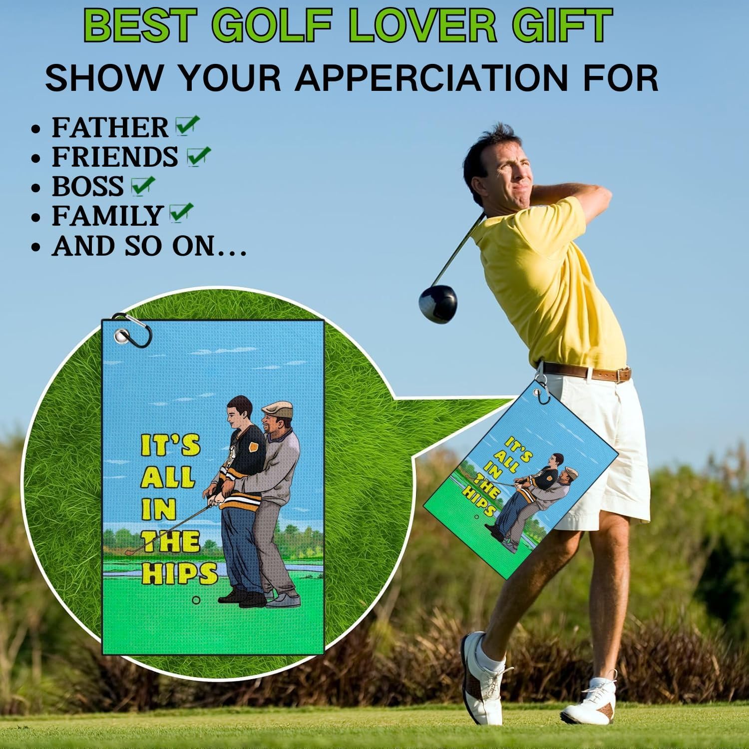 Funny Printed Golf Towels for Golf Bags with Clip, Golf Gift for Men Husband Boyfriend Dad, Birthday Gifts for Fan - It's All in The HIPS - Image 6