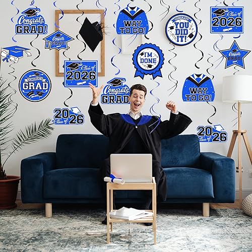 Miniatura 5 de 31 decoraciones de graduación para clase de 2026, remolino colgante de graduación, felicitaciones y decoraciones de fiesta de graduación (azul,