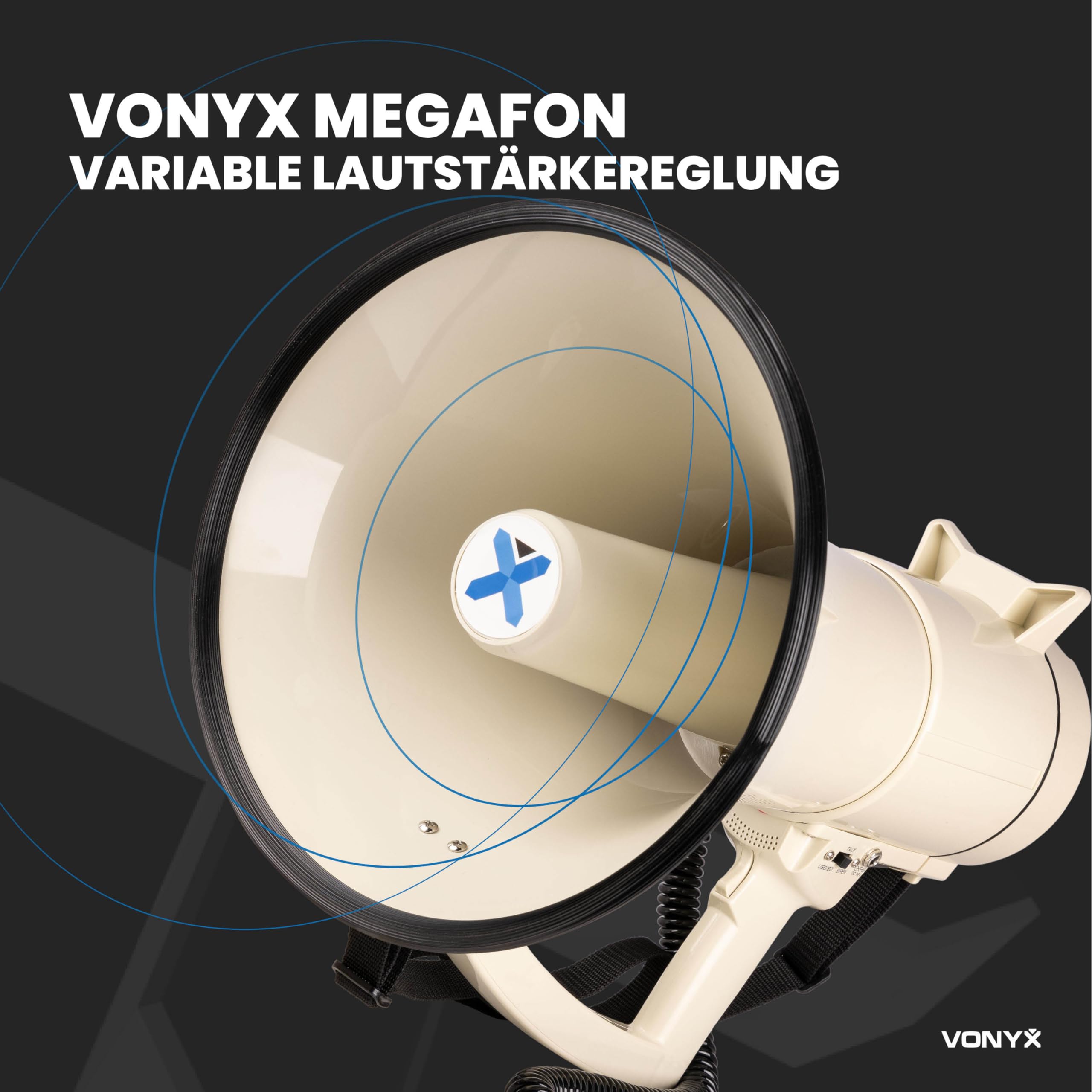 Vonyx MEG120 - Akku Megafon mit Sirene und Mikrofon, inkl. 1x Ersatz-Akku, Bluetooth, Aufnahmefunktion, 120 Watt Megaphon mit Mikrofon, bis 1600 Meter, USB, SD & AUX, Megaphon mit Umhängegurt, Beige