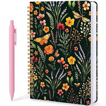Floral Spiral Notebook with Pink Gel Pen - A5 Lined Journal Gift for Women