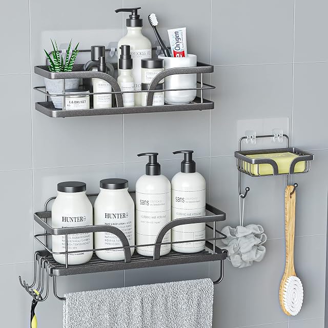 Shower Caddy No Drilling with 4 Hooks - Shower Shelves with Towel Holder and Soap Dish - Bathroom Accessory Rustprooof Stainless Steel- Shower Organiser With Razor Holder Matte Charcoal Gray