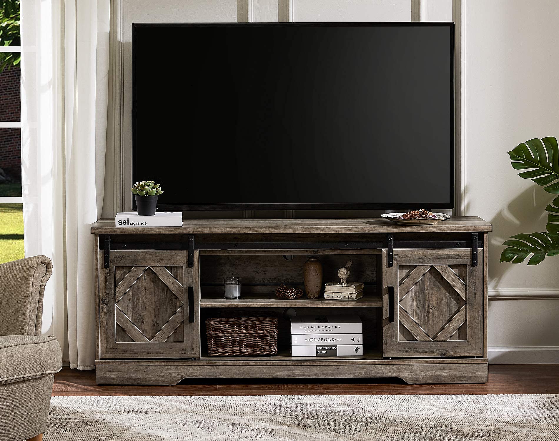 WAMPAT Farmhouse Sliding Barn Door TV Stand for TVs Up to 65 inch, Modern Storage Entertainment Center, Wood Media Console Table Cabinet 3-Level Adjustable Shelf for Living Room, Wash Grey