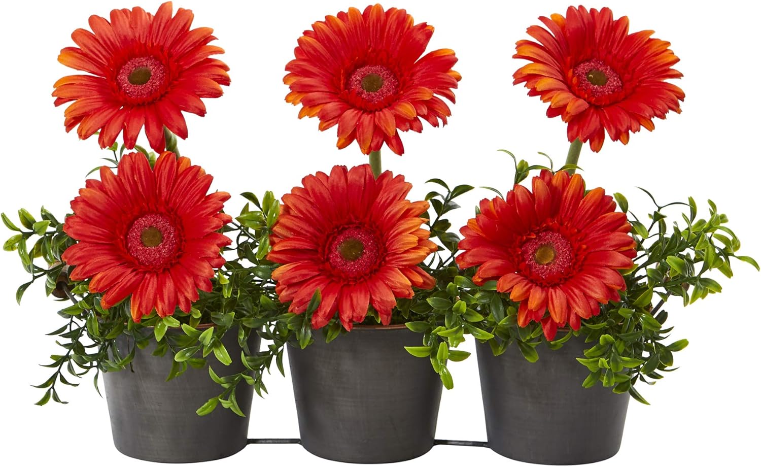 Nearly Natural 14in. Gerber Daisy Artificial Trio Metal Vase Silk Arrangements, Red