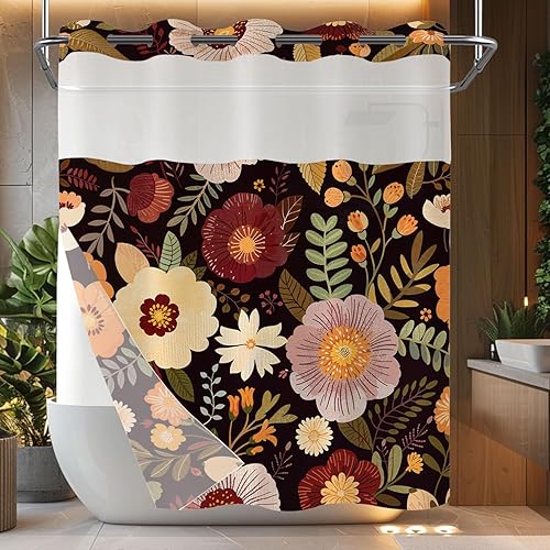 Yeoiat Juego de cortina de ducha vintage marrón bohemio sin gancho con forro de tela a presión, cortinas de ducha botánicas retro, cortina de ducha
