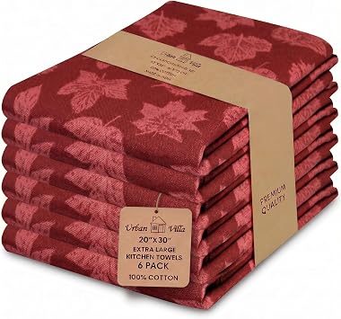 Urban Villa Kitchen Towels Harvest Leaf Print Towels Set of 6 20" X30 100% Cotton Highly Absorbent Quick Drying Dish Cloths & Dish Towels Thanksgiving Fall Tea Towels with Hanging Loop Towels